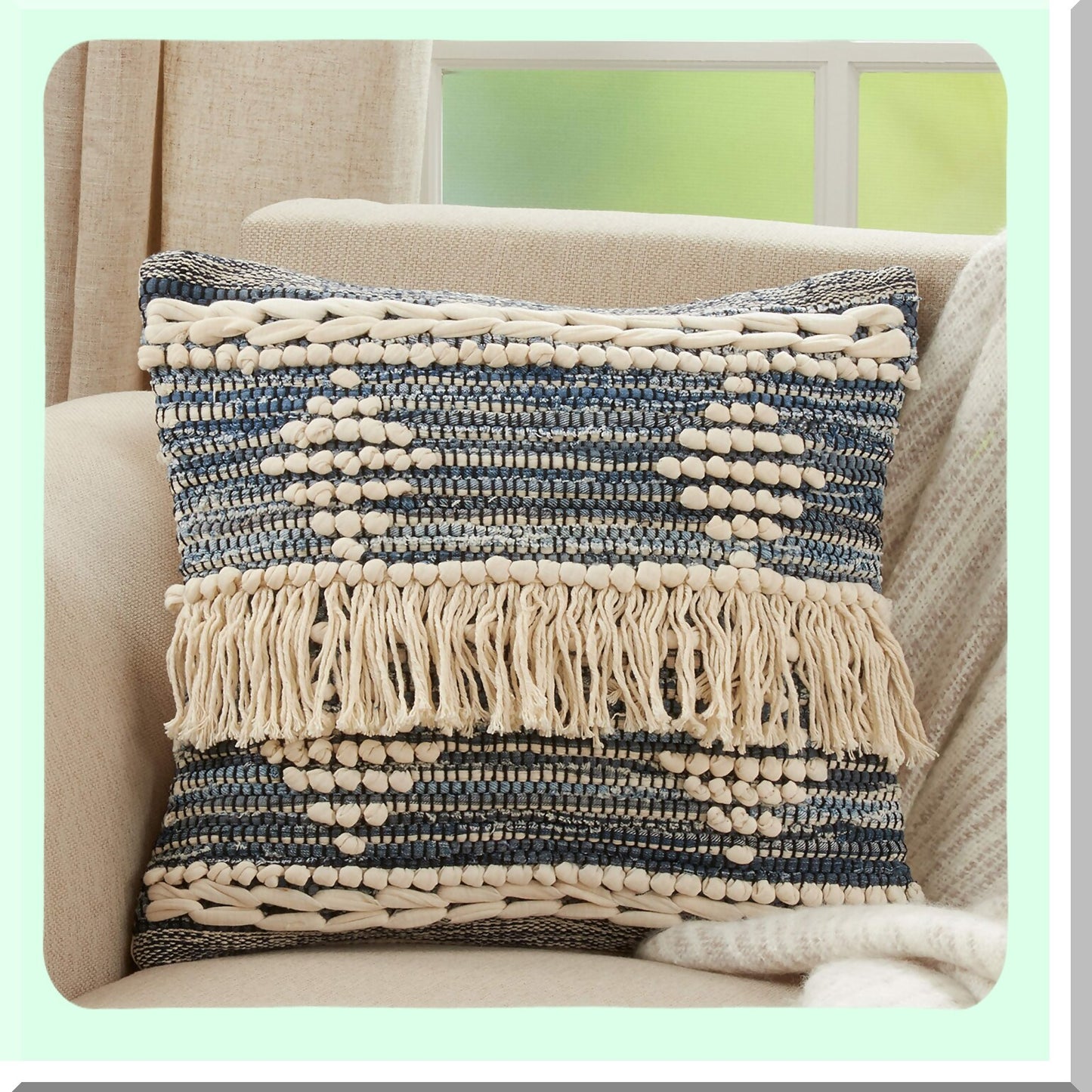 Blue Fringe Decorative Pillow Cover - Boho Chic 18" Throw Cushion Case with Tassel Trim - Soft Cotton Sofa Accent Pillowcase - Home Decor Accessory