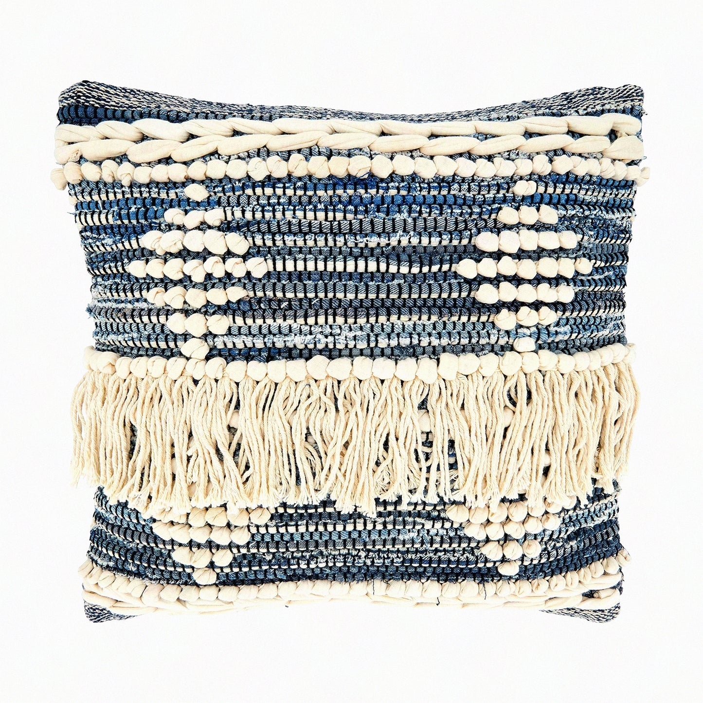 Blue Fringe Decorative Pillow Cover - Boho Chic 18" Throw Cushion Case with Tassel Trim - Soft Cotton Sofa Accent Pillowcase - Home Decor Accessory