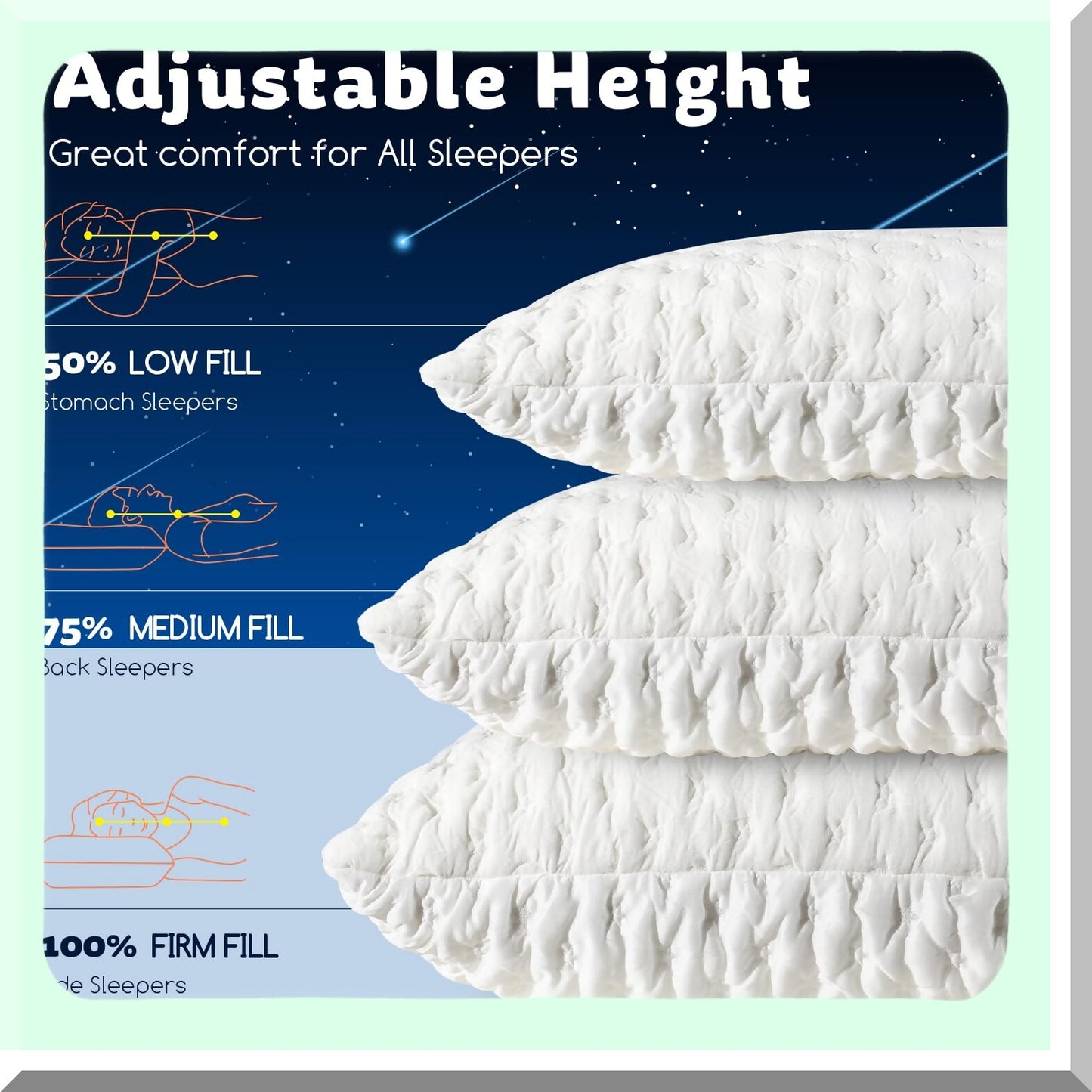 CoolDream Memory Foam Cooling Pillows - 2 Pack Adjustable Bamboo Rayon Gel Queen Size Set for Side Back Stomach Sleepers. Washable Cover.