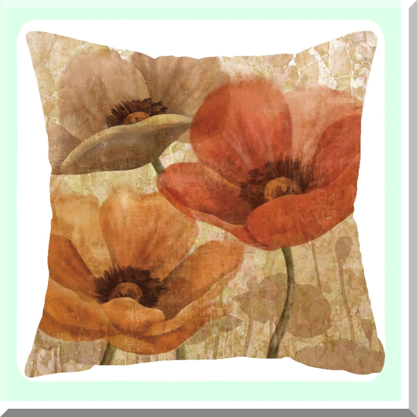 Retro Brown Poppy Flowers Watercolor Velvet Throw Pillow Cover - Soft White Decorative Ink Painting Case for Home Living Room Bed Sofa Car - 18x18"