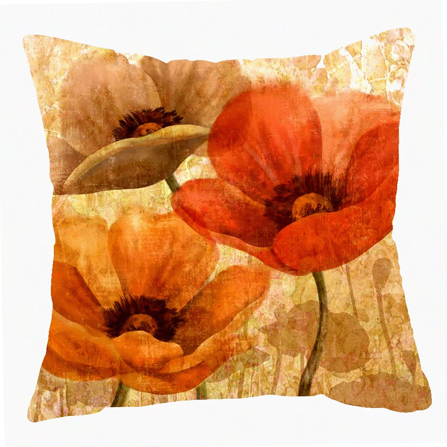 Retro Brown Poppy Flowers Watercolor Velvet Throw Pillow Cover - Soft White Decorative Ink Painting Case for Home Living Room Bed Sofa Car - 18x18"
