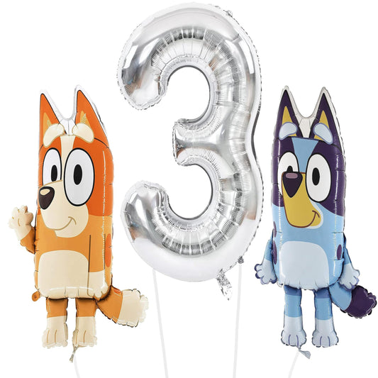 Bluey Fun Pack - 2 Character Balloons & 1 Number Balloon Set for Kids Birthday Party Decorations - 32" & 40" Balloons - Bingo F Theme