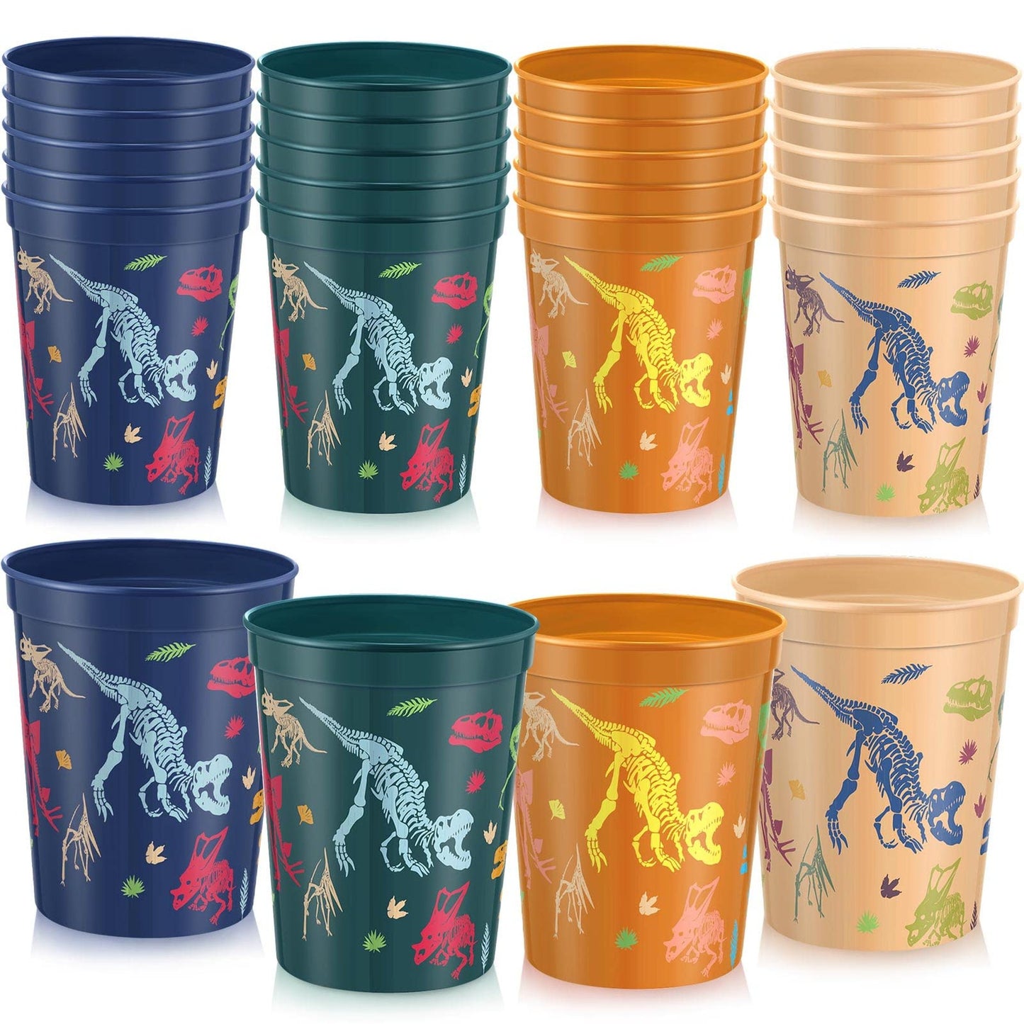 DinoTumbler Party Pack - 24 Reusable Cups for Dinosaur Birthday Supplies & Decorations - 16 oz Plastic Tumblers in 4 Vibrant Colors for Kids' Parties