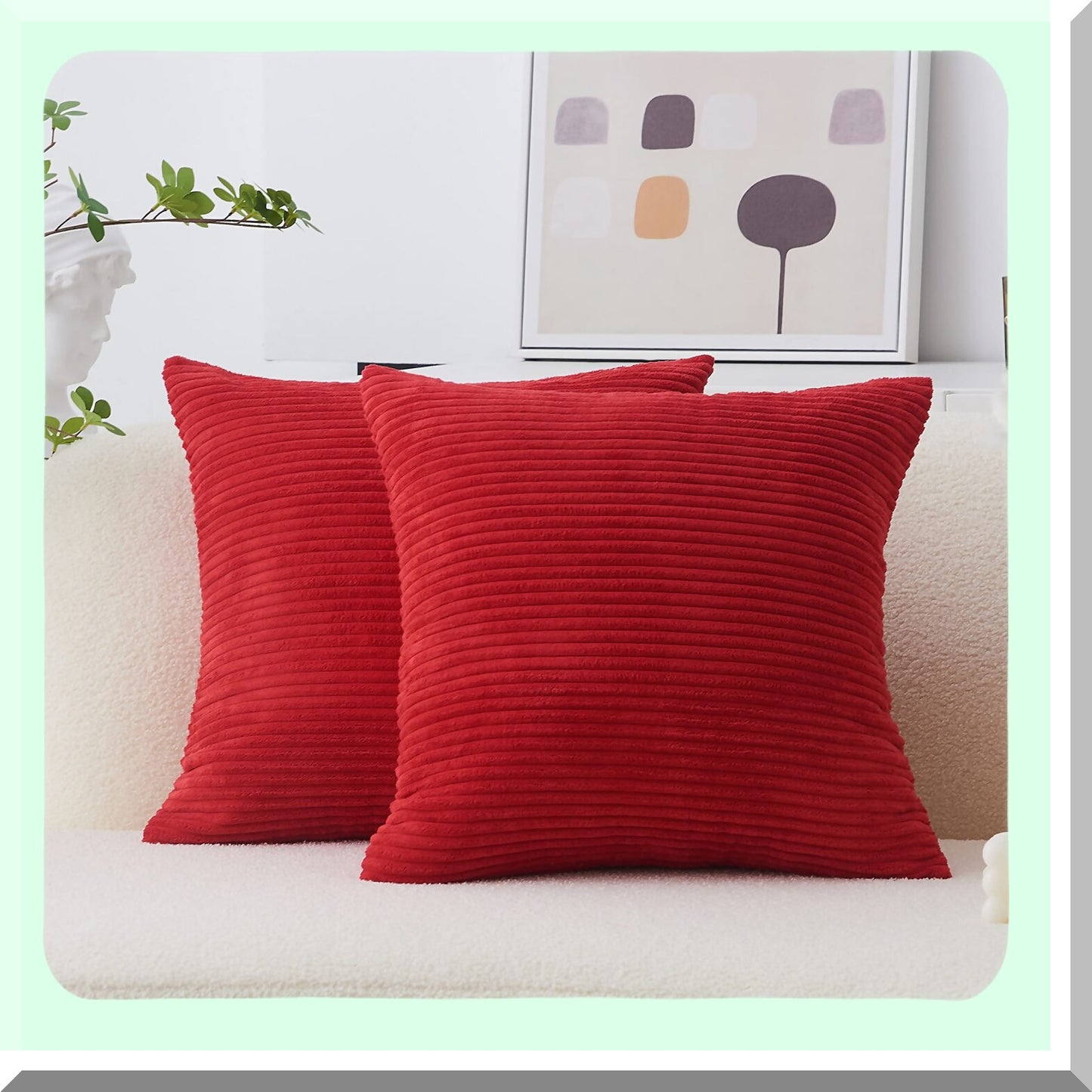 Plush Velvet Corduroy Euro Shams - Set of 2 Red Throw Pillow Covers for Wedding Decor, Couch Sofa - 26x26 Inch Cushion Cover