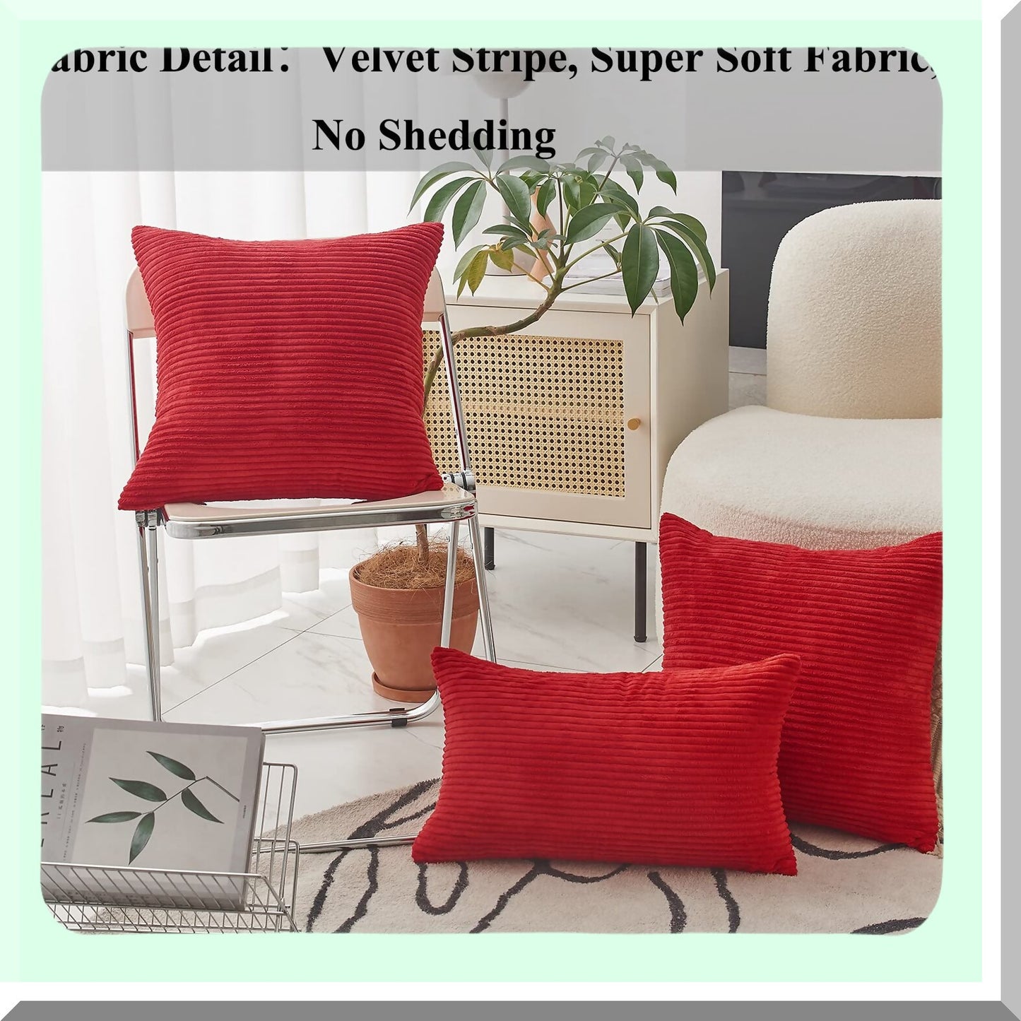 Plush Velvet Corduroy Euro Shams - Set of 2 Red Throw Pillow Covers for Wedding Decor, Couch Sofa - 26x26 Inch Cushion Cover