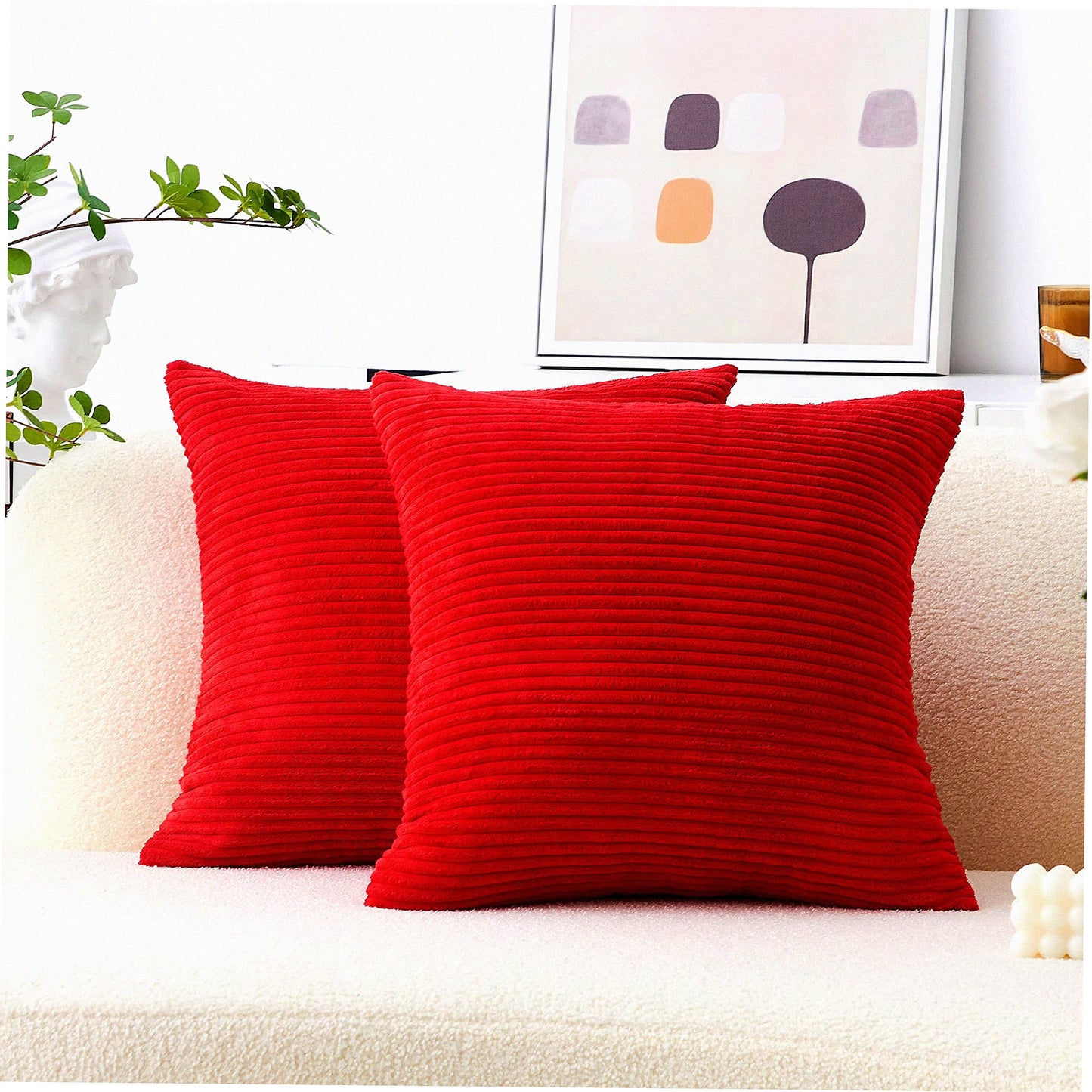 Plush Velvet Corduroy Euro Shams - Set of 2 Red Throw Pillow Covers for Wedding Decor, Couch Sofa - 26x26 Inch Cushion Cover