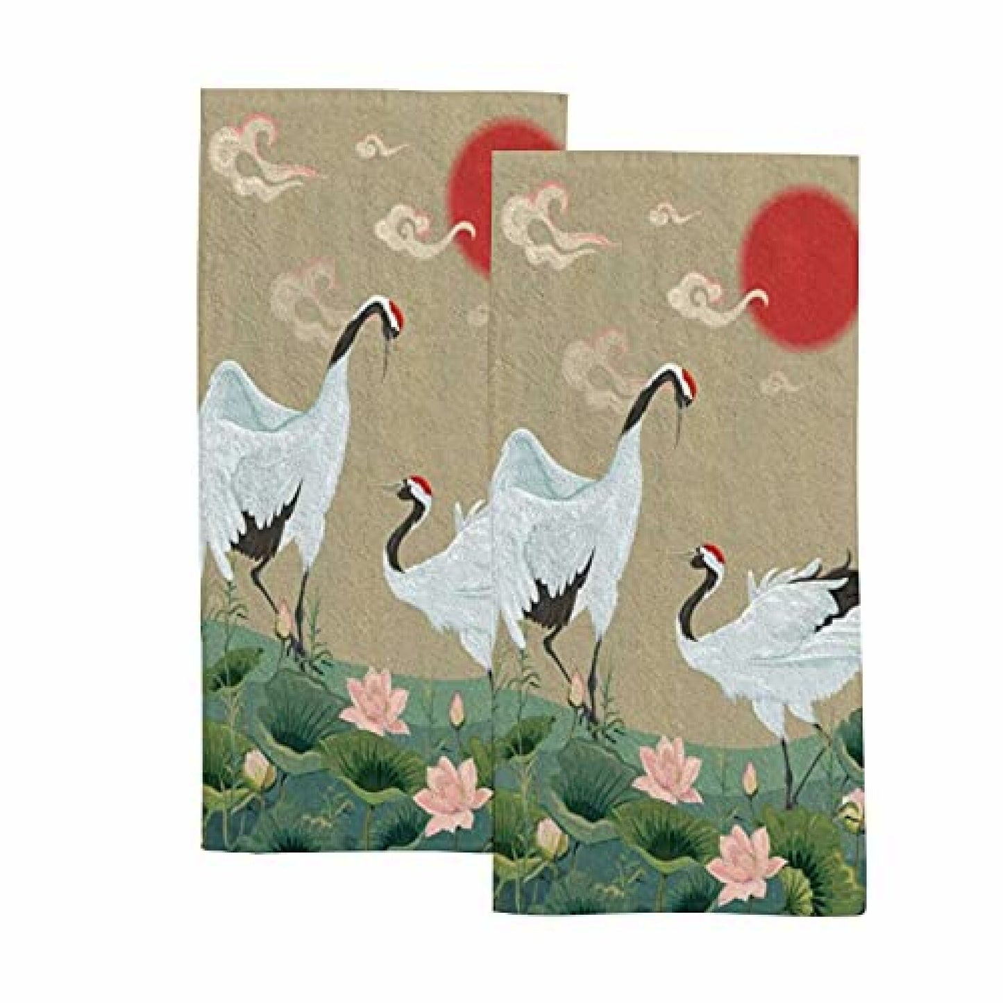 Set of 2 Hand Towels 30x15 Inch Cranes Lotus Asian Style