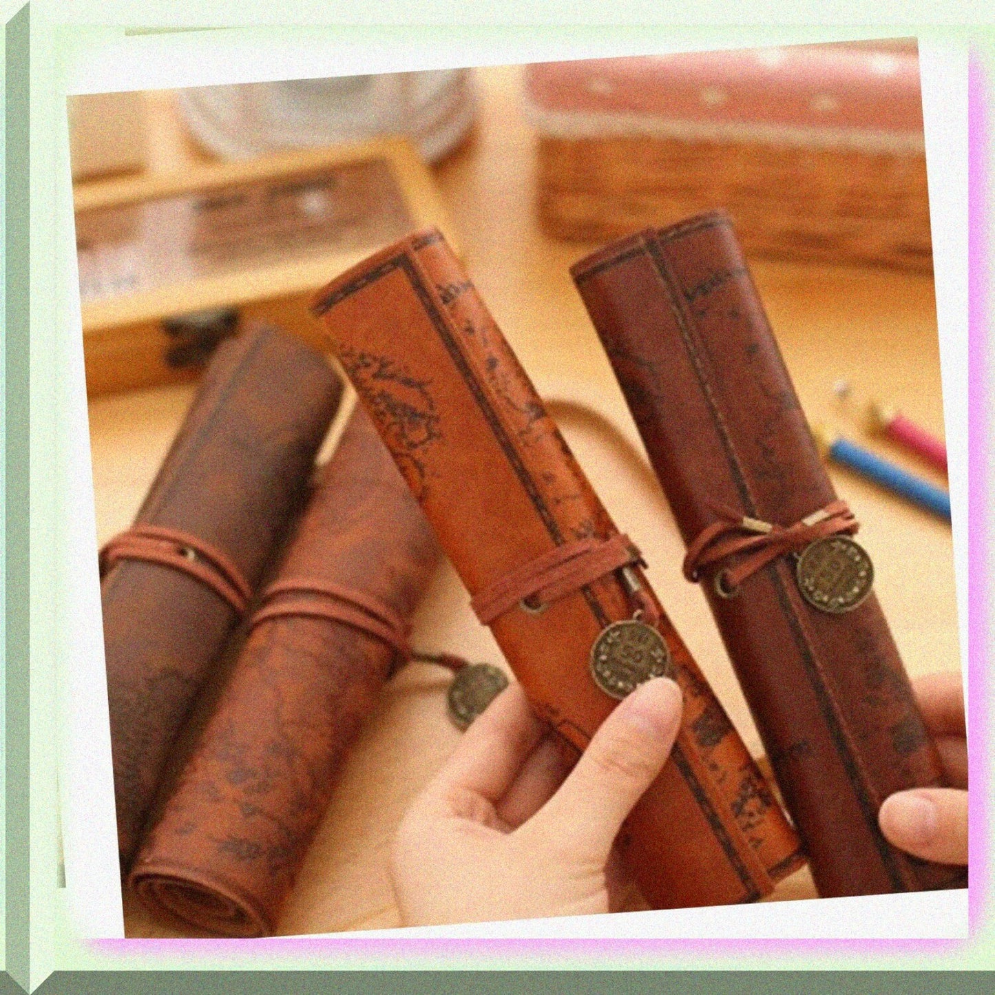 2pcs Vintage Pencil Cases PU Leather Colorful 30cm