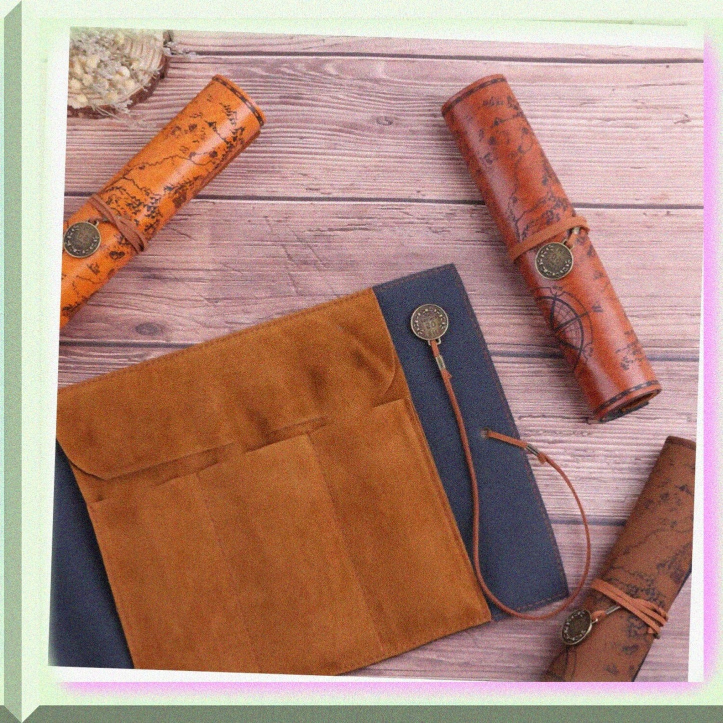 2pcs Vintage Pencil Cases PU Leather Colorful 30cm