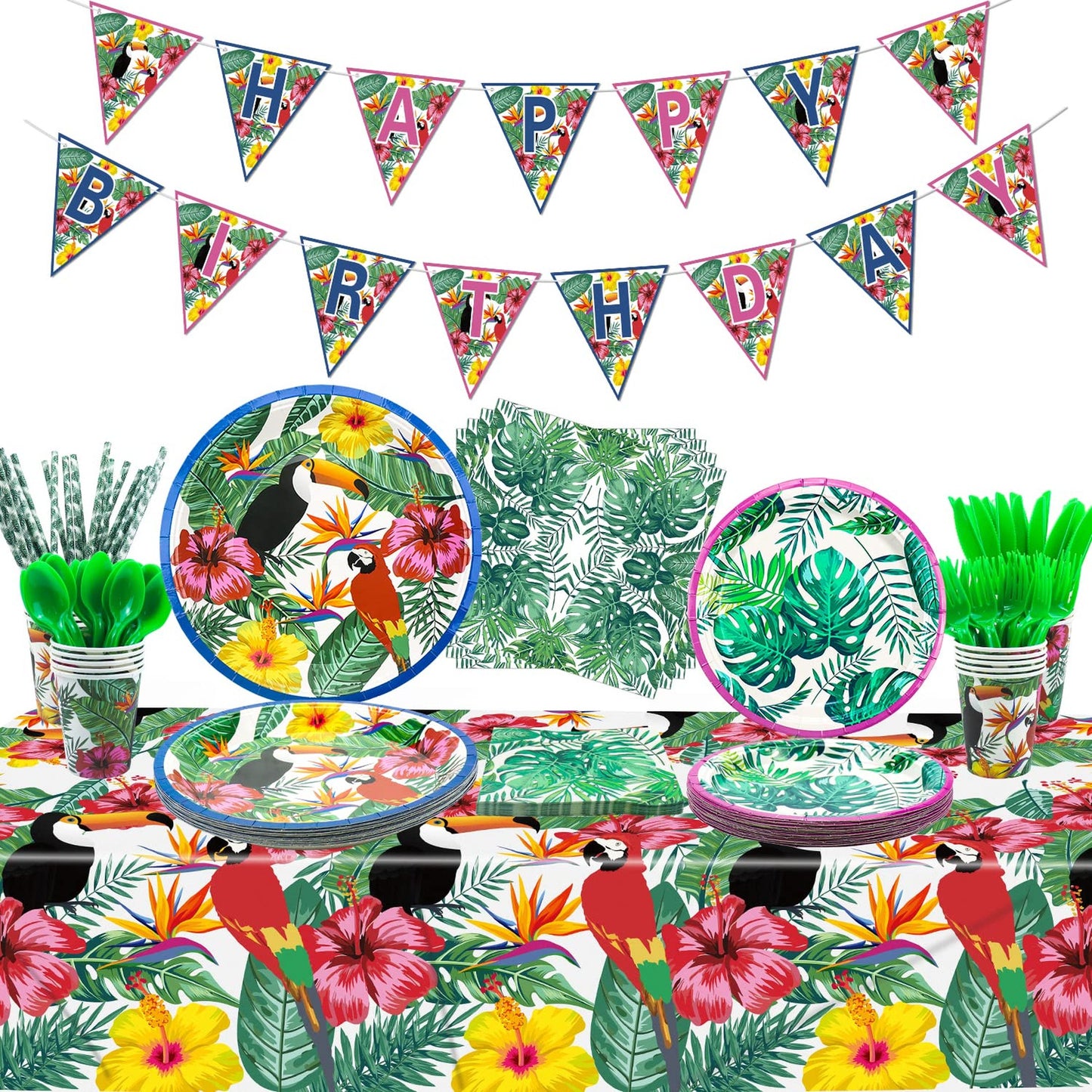 Tropical Tiki Party Pack - Hawaiian Luau Decorations Set with Toucan Plates, Napkins, Cups, Tablecloth, Utensils, and Straws for 20 Guests - Aloha Summer Bash Essentials