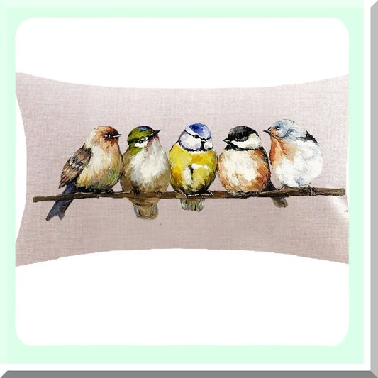 Rustic Forest Wildlife Birds Lumbar Pillow Cover - Hand-Painted Tree Branches Design, Cotton Linen Throw Cushion Case, Long Oblong 12x20 inches Light Yellow
