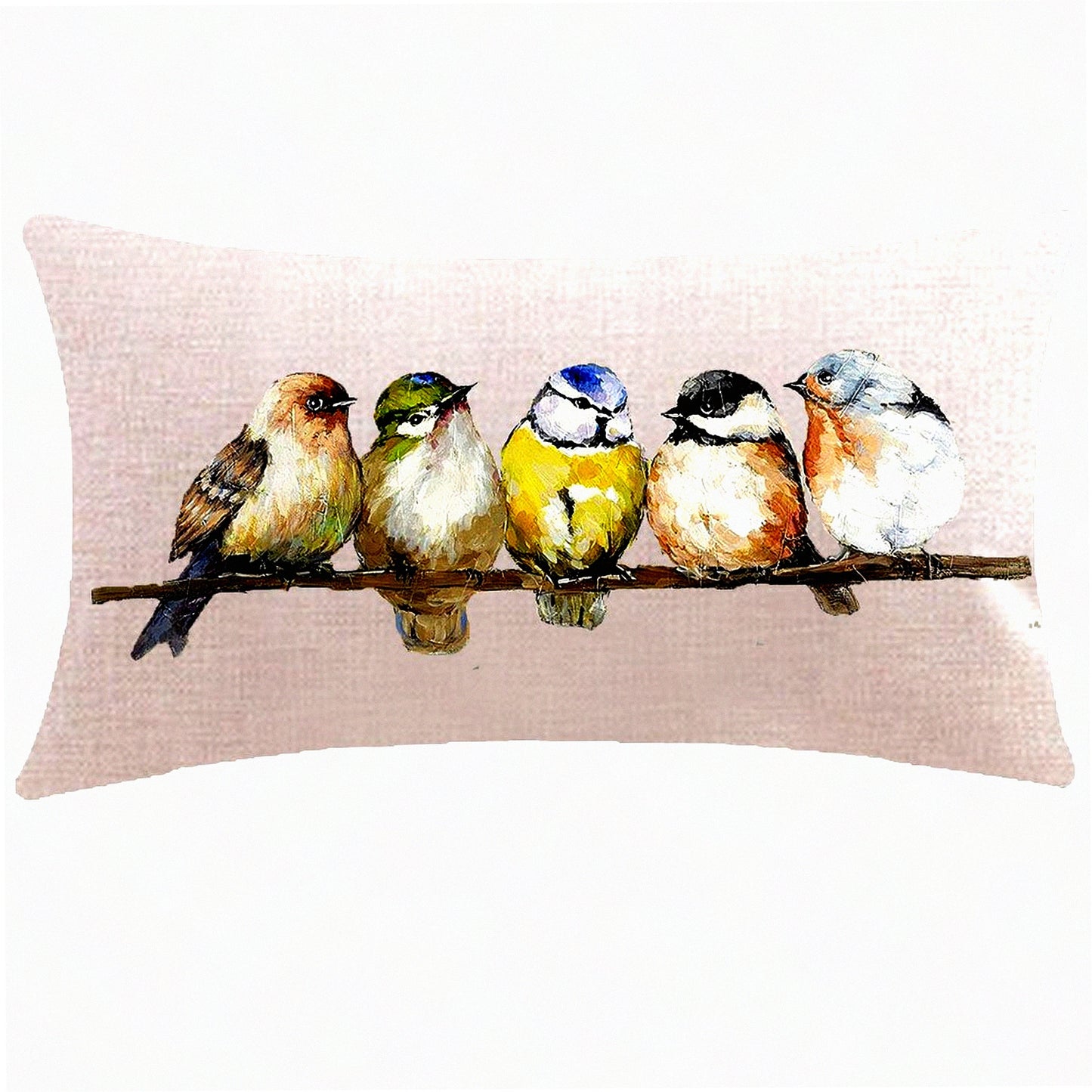 Rustic Forest Wildlife Birds Lumbar Pillow Cover - Hand-Painted Tree Branches Design, Cotton Linen Throw Cushion Case, Long Oblong 12x20 inches Light Yellow