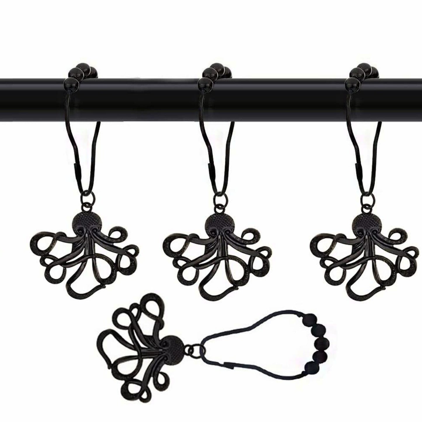 Octopus Shower Curtain Hooks Set of 12 Black Stainless Steel