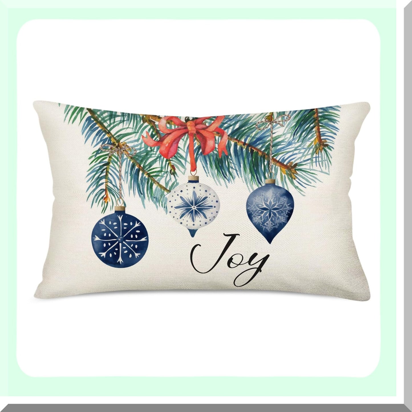 Winter Wonderland Lumbar Pillow Covers - Blue Snowflake Xmas Tree Fir Leaves Jingle Bells Throw Cushion Cases - 12x20 Inch Cotton Linen Sofa Couch Decor