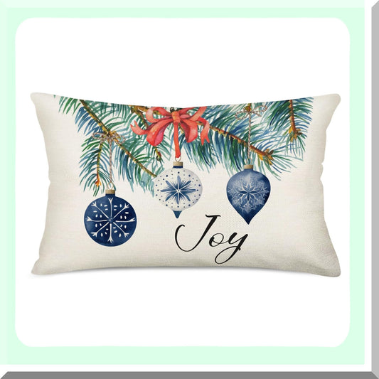 Winter Wonderland Lumbar Pillow Covers - Blue Snowflake Xmas Tree Fir Leaves Jingle Bells Throw Cushion Cases - 12x20 Inch Cotton Linen Sofa Couch Decor