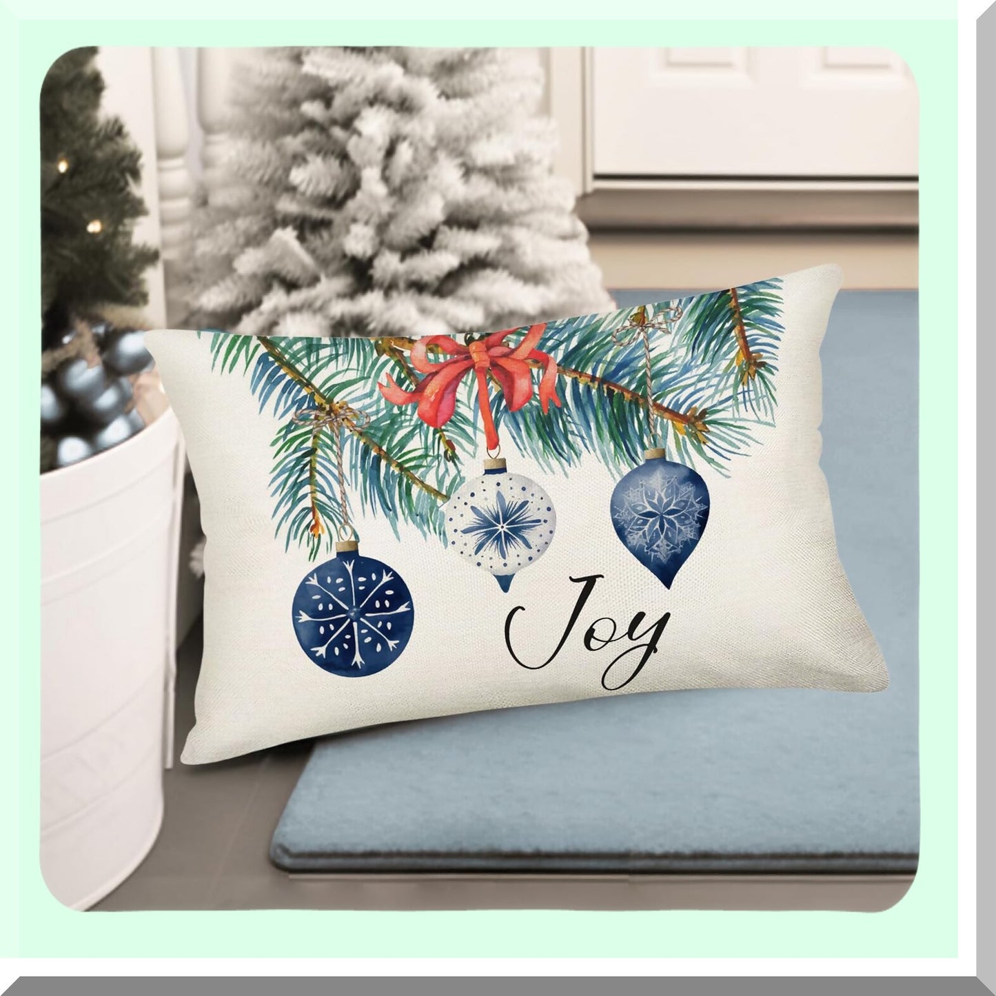 Winter Wonderland Lumbar Pillow Covers - Blue Snowflake Xmas Tree Fir Leaves Jingle Bells Throw Cushion Cases - 12x20 Inch Cotton Linen Sofa Couch Decor