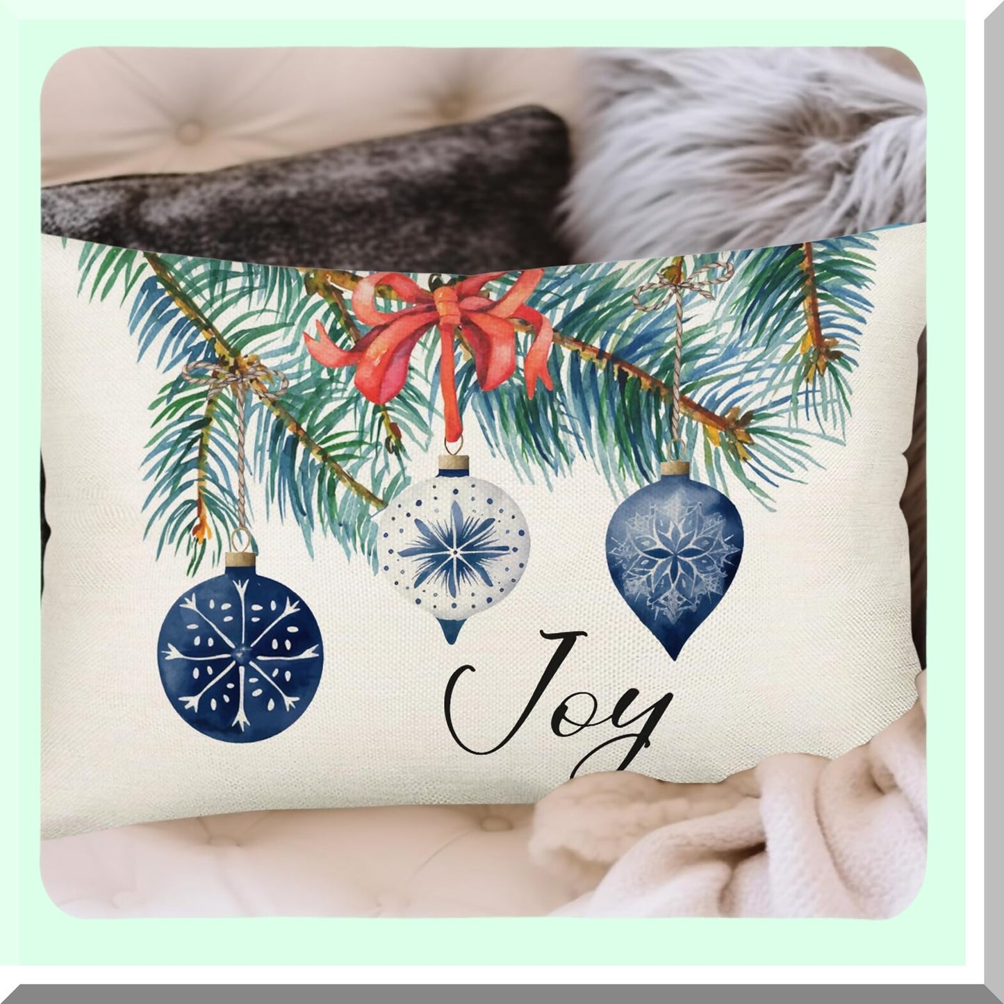 Winter Wonderland Lumbar Pillow Covers - Blue Snowflake Xmas Tree Fir Leaves Jingle Bells Throw Cushion Cases - 12x20 Inch Cotton Linen Sofa Couch Decor