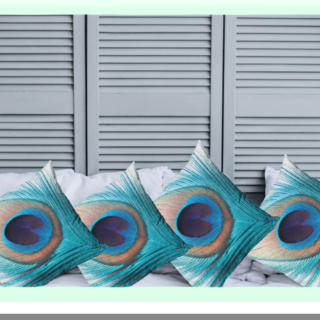 Peacock Fluff Vibrant Tones Throw Pillow Set - Pack of 4, Wildlife Theme Print, Modern Accent Double-Sided Digital Printing, 20", Aqua Cream