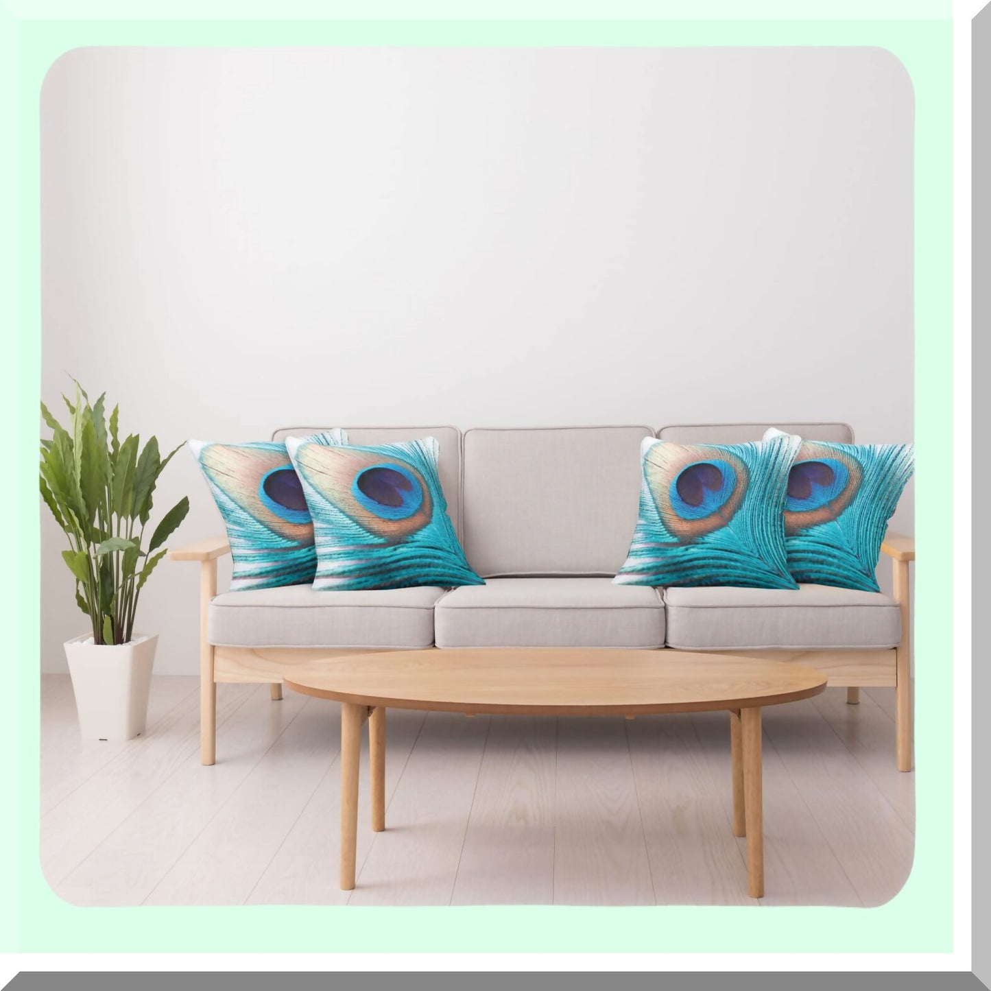 Peacock Fluff Vibrant Tones Throw Pillow Set - Pack of 4, Wildlife Theme Print, Modern Accent Double-Sided Digital Printing, 20", Aqua Cream