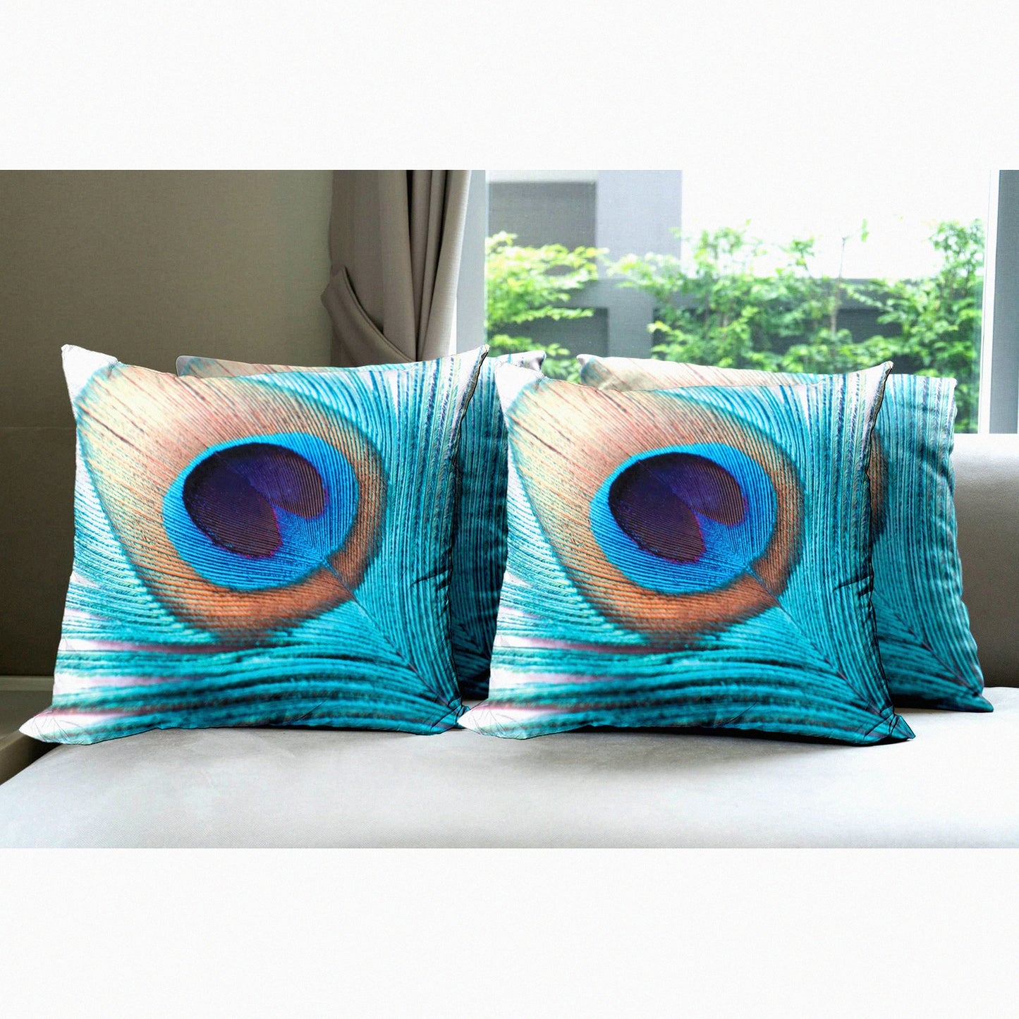 Peacock Fluff Vibrant Tones Throw Pillow Set - Pack of 4, Wildlife Theme Print, Modern Accent Double-Sided Digital Printing, 20", Aqua Cream