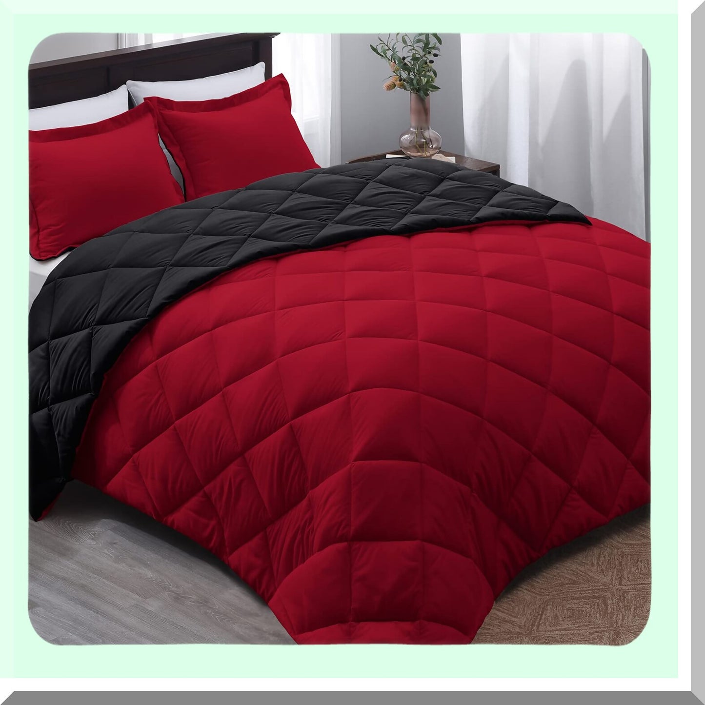 Crimson Ebony Reversible Queen Comforter Set - All Season Bedding with 1 Comforter (88"x92") and 2 Pillow Shams (20"x26"+2") - Red and Black Queen Size Comforter Set