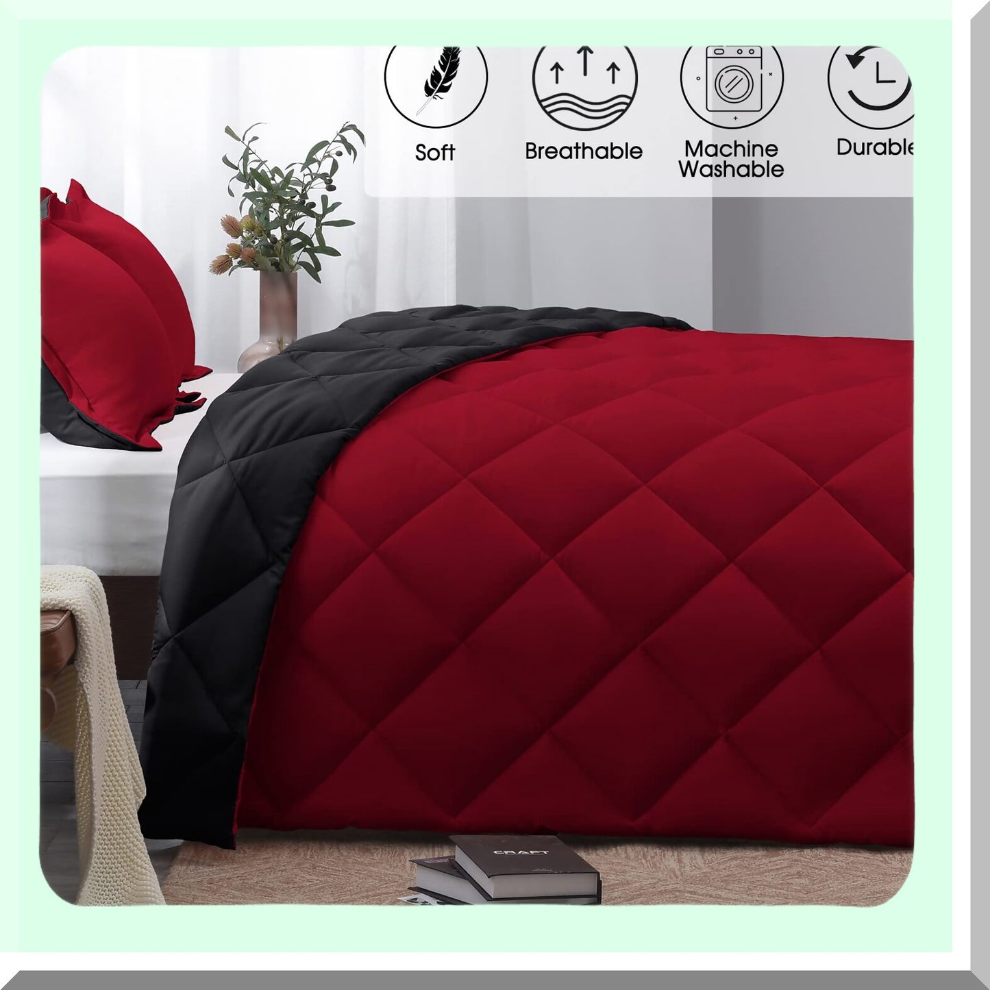 Crimson Ebony Reversible Queen Comforter Set - All Season Bedding with 1 Comforter (88"x92") and 2 Pillow Shams (20"x26"+2") - Red and Black Queen Size Comforter Set