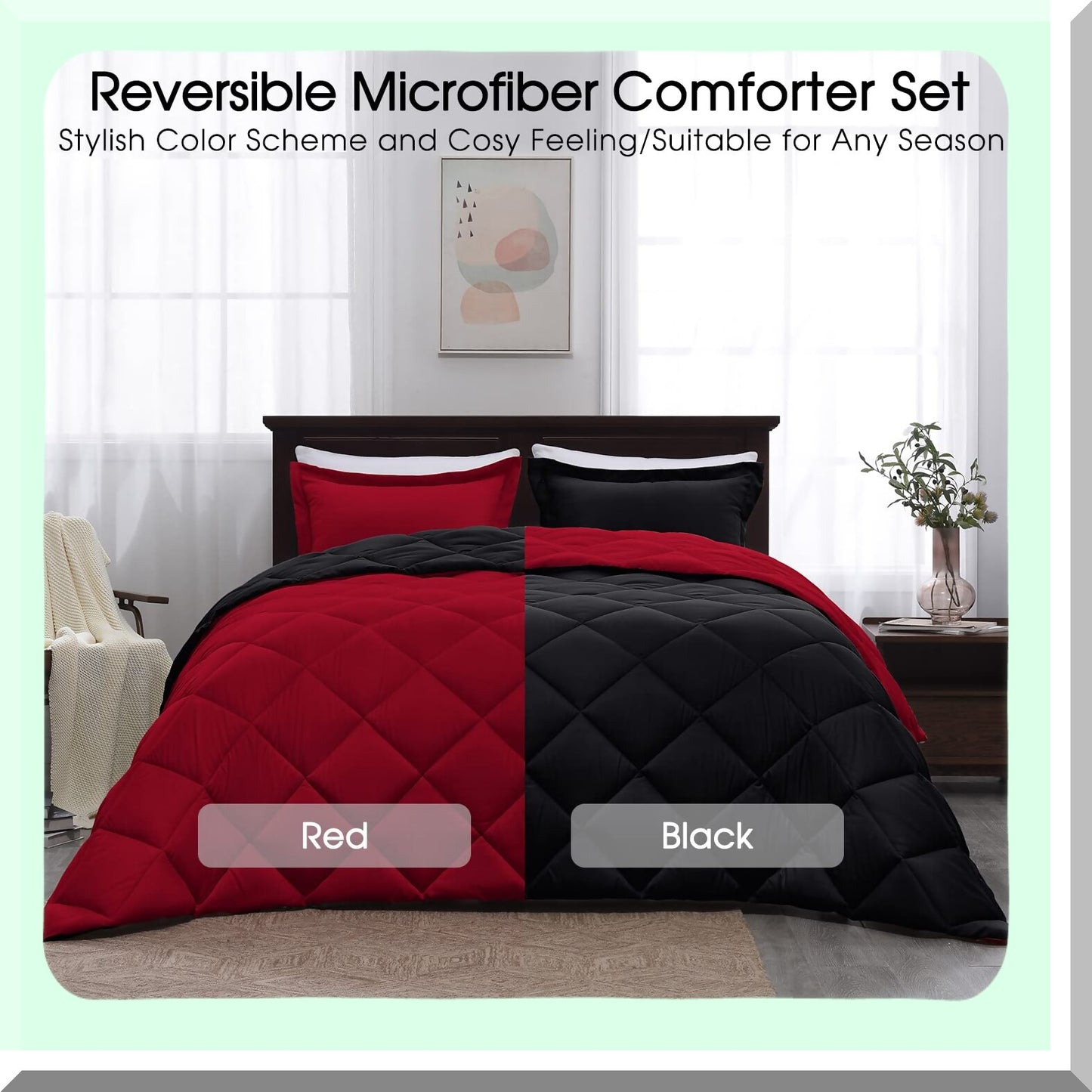 Crimson Ebony Reversible Queen Comforter Set - All Season Bedding with 1 Comforter (88"x92") and 2 Pillow Shams (20"x26"+2") - Red and Black Queen Size Comforter Set