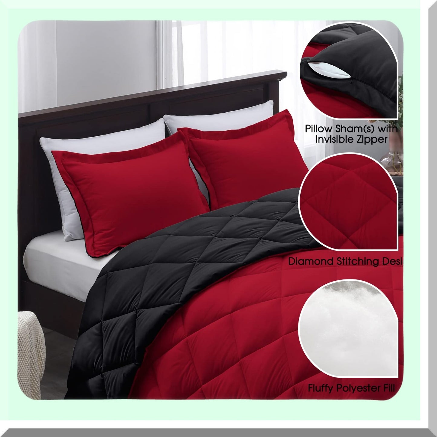 Crimson Ebony Reversible Queen Comforter Set - All Season Bedding with 1 Comforter (88"x92") and 2 Pillow Shams (20"x26"+2") - Red and Black Queen Size Comforter Set