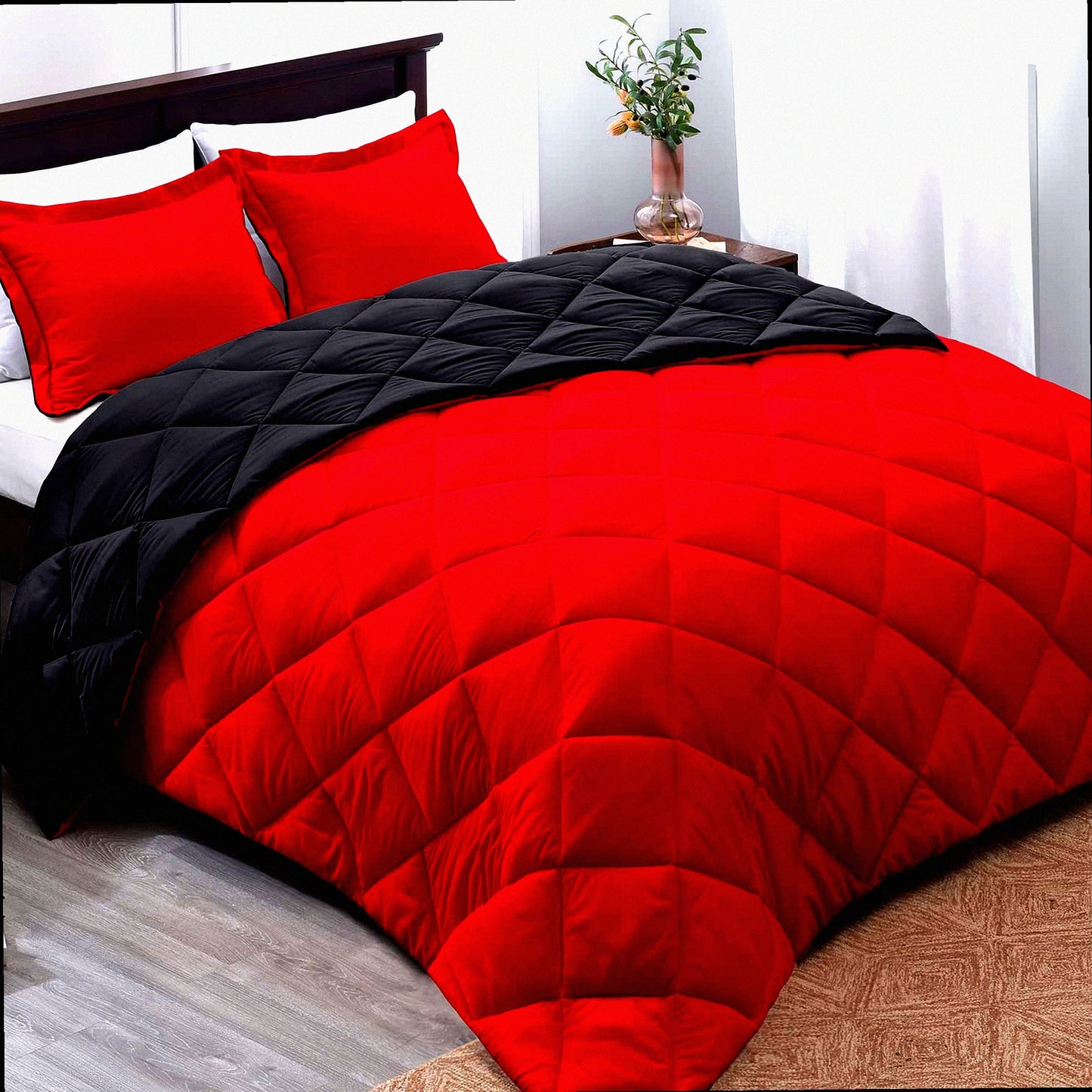 Crimson Ebony Reversible Queen Comforter Set - All Season Bedding with 1 Comforter (88"x92") and 2 Pillow Shams (20"x26"+2") - Red and Black Queen Size Comforter Set