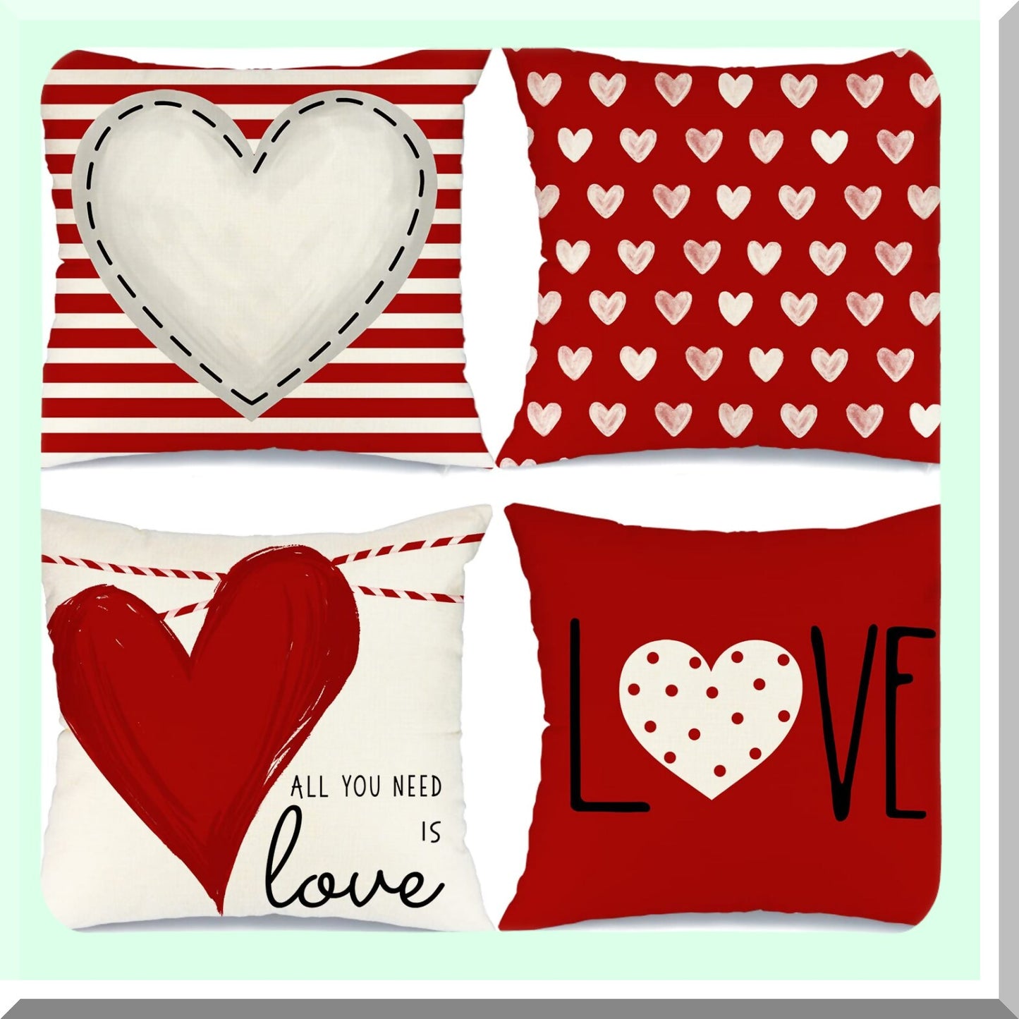 Valentine's Love Stripes Pillow Set - 18X18 Inch Decorative Cushion Covers - Red & White Dots Heart Throw Pillows - Set of 4 Valentine's Day Decor Cases
