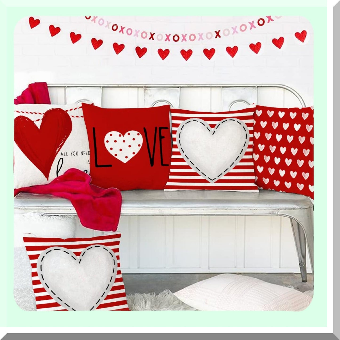Valentine's Love Stripes Pillow Set - 18X18 Inch Decorative Cushion Covers - Red & White Dots Heart Throw Pillows - Set of 4 Valentine's Day Decor Cases