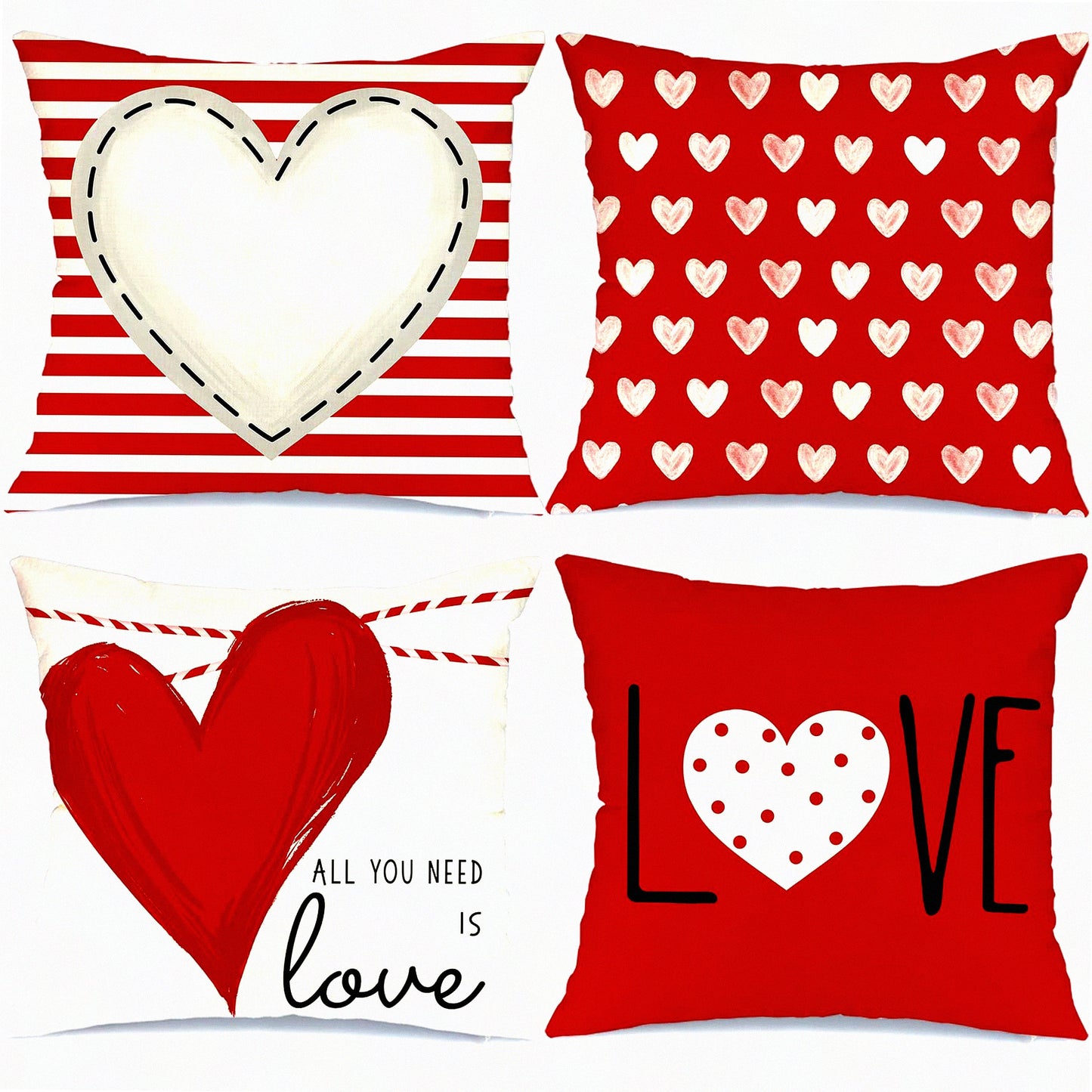 Valentine's Love Stripes Pillow Set - 18X18 Inch Decorative Cushion Covers - Red & White Dots Heart Throw Pillows - Set of 4 Valentine's Day Decor Cases