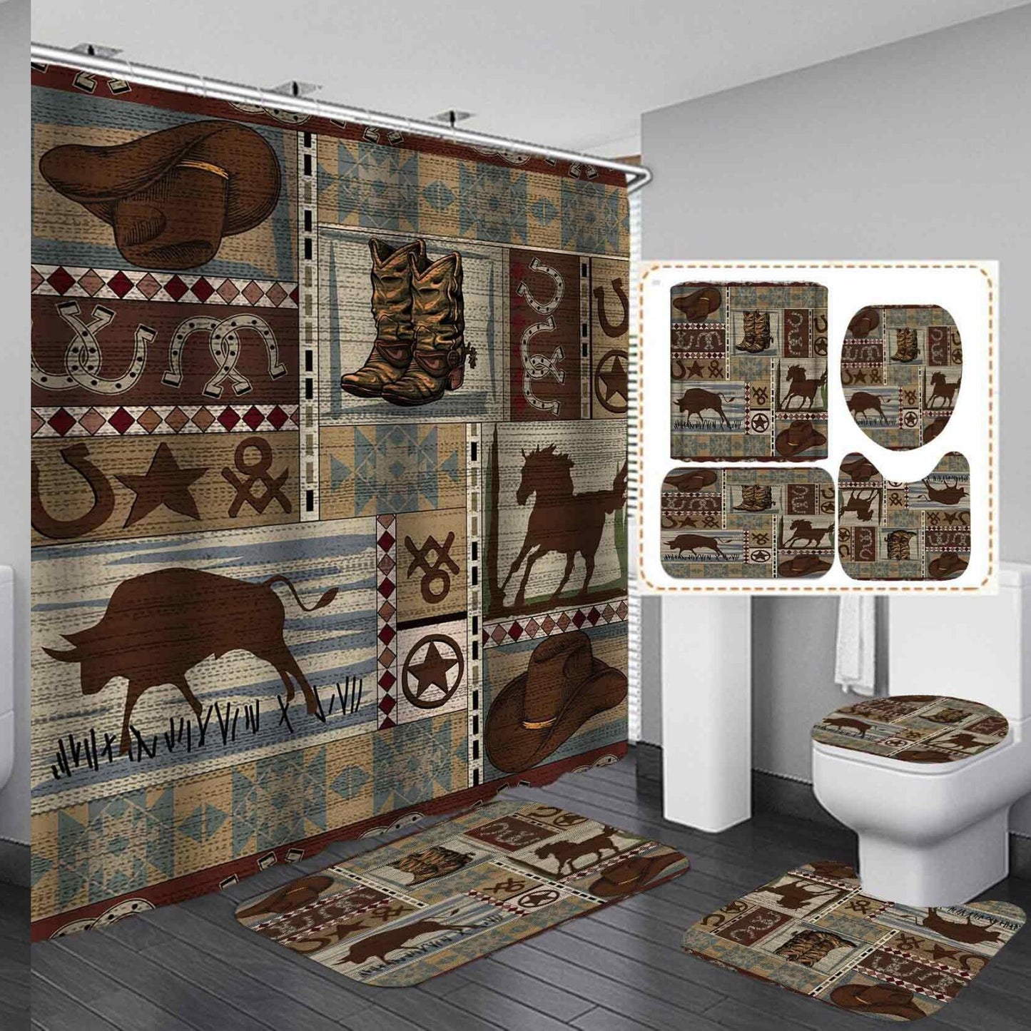 Western Cowboy Shower Curtain Set with Bath Mats