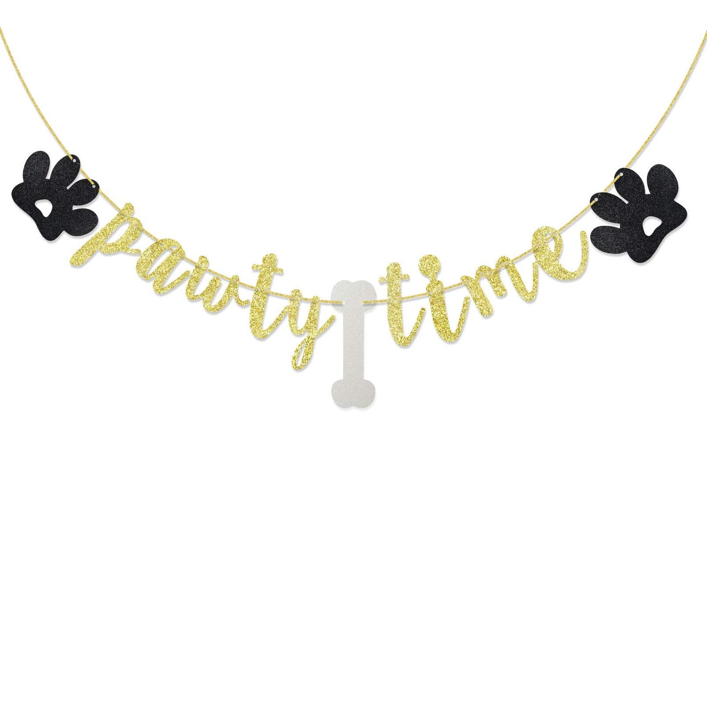Dog Birthday Party Banner with Paw Prints and Gold Glitter