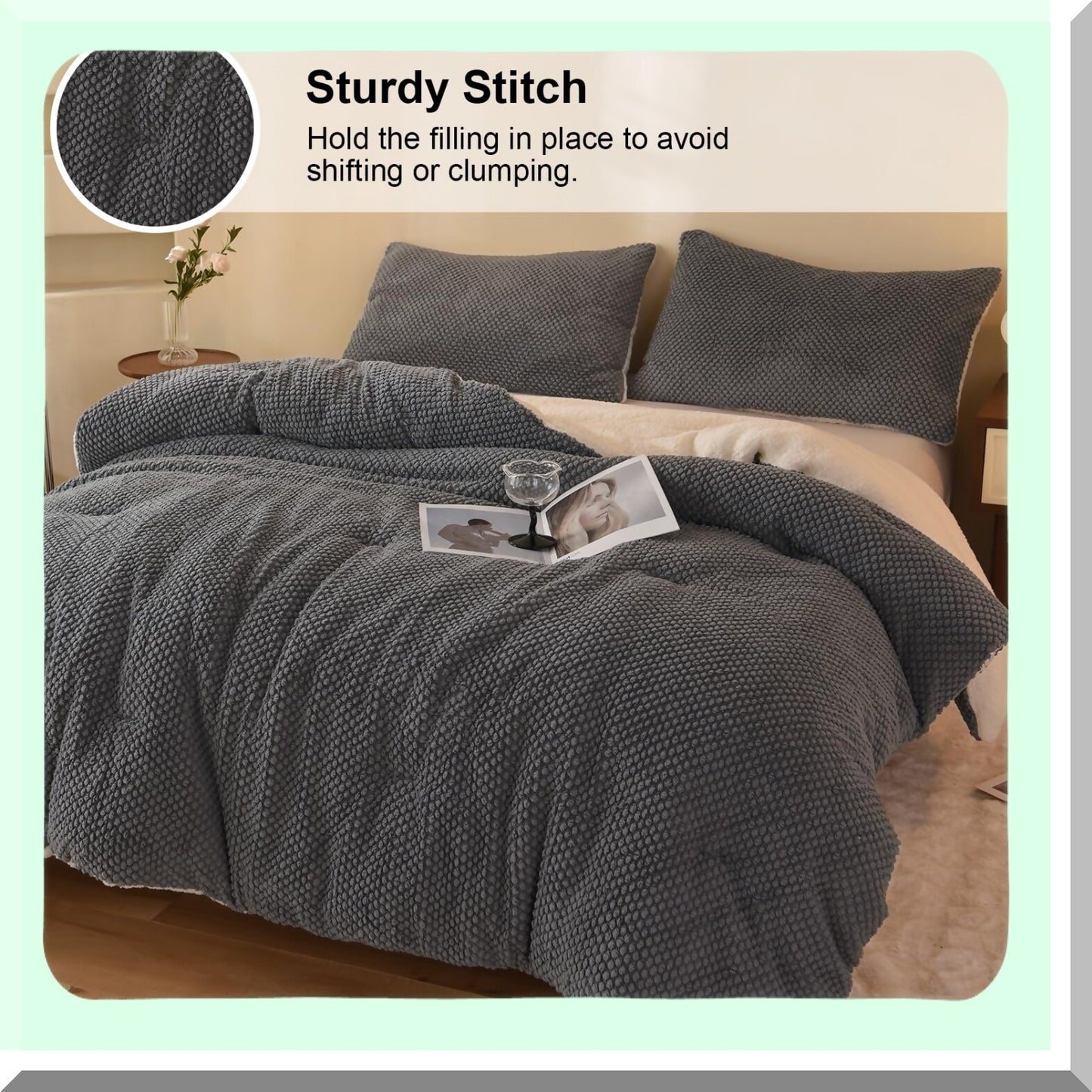 Luxury Sherpa Plush 3D Jacquard Comforter Set - Twin Size Cozy Bedding with Pillowcase - Ultra-Soft Warm Grey Bed Set - 2-Pieces Luxury Collection