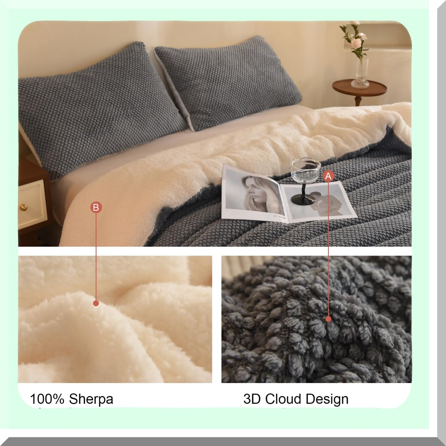 Luxury Sherpa Plush 3D Jacquard Comforter Set - Twin Size Cozy Bedding with Pillowcase - Ultra-Soft Warm Grey Bed Set - 2-Pieces Luxury Collection