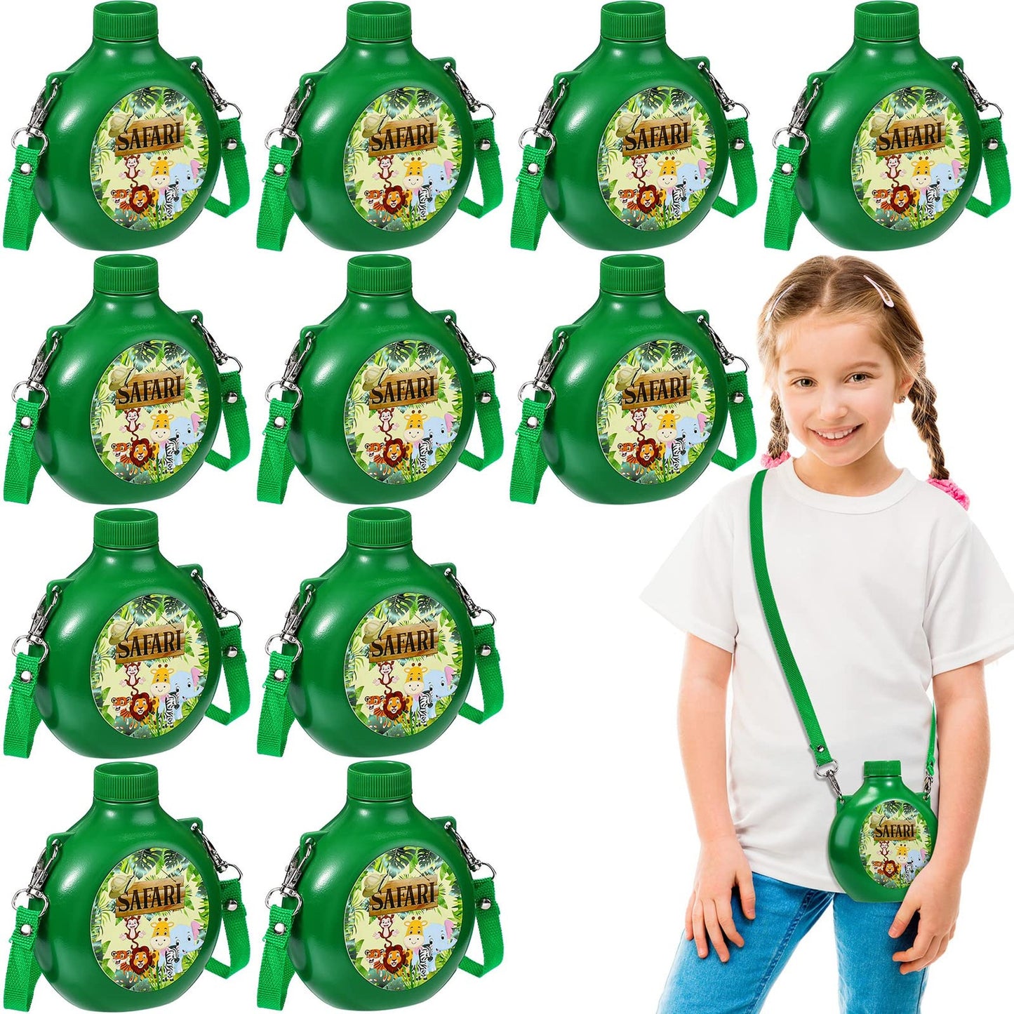Adventure Canteen Set - Safari Jungle Kids 10oz Water Bottles with Straps (12 Pack) - Reusable Plastic Canteens for Camping Birthday Party