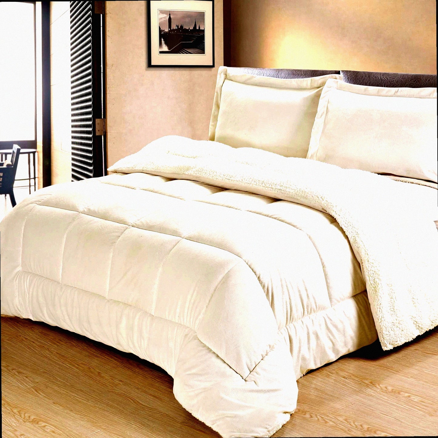 Plush Sherpa Comforter Set - Ultra Soft Reversible Micromink Bedding - Ivory Twin 2-Piece Bed Set - Cozy Twin Comforter 66" x 86"