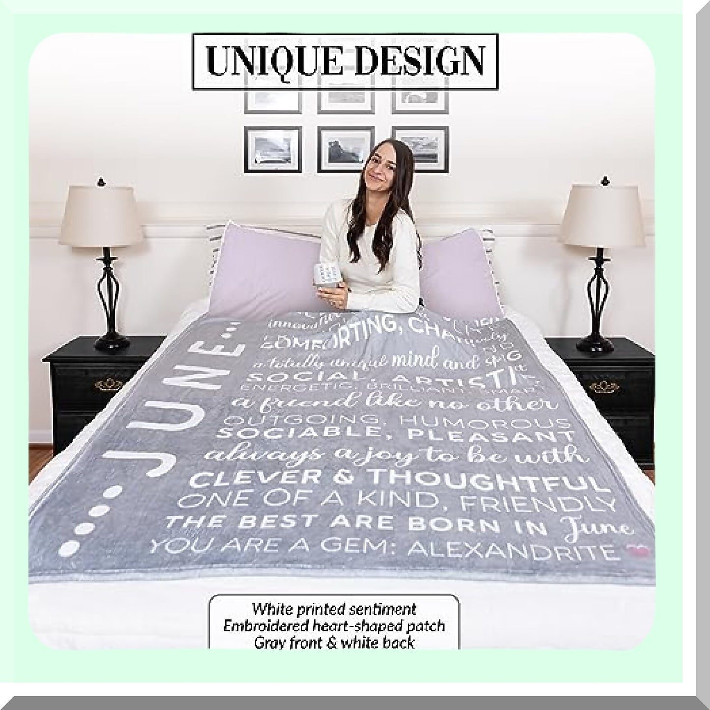 June Birthday Royal Plush Blanket - Pink Embroidered Heart, Cozy 50x60-inch Gray Throw