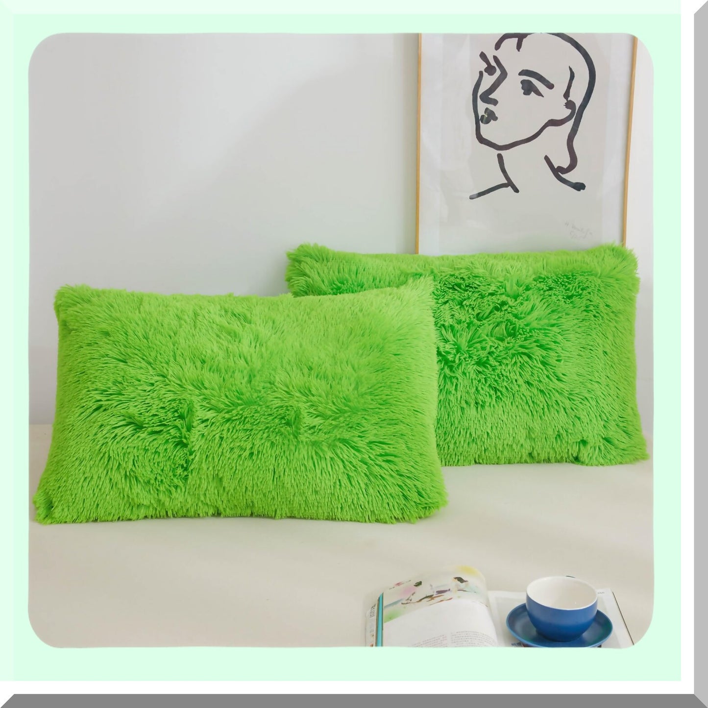 Lime Green Plush Pillowcase Set - Soft Velvet Fuzzy Decorative Throw Covers for Bed Couch - Fluffy Shaggy Furry Zippered Cases - Set of 2 Standard Size