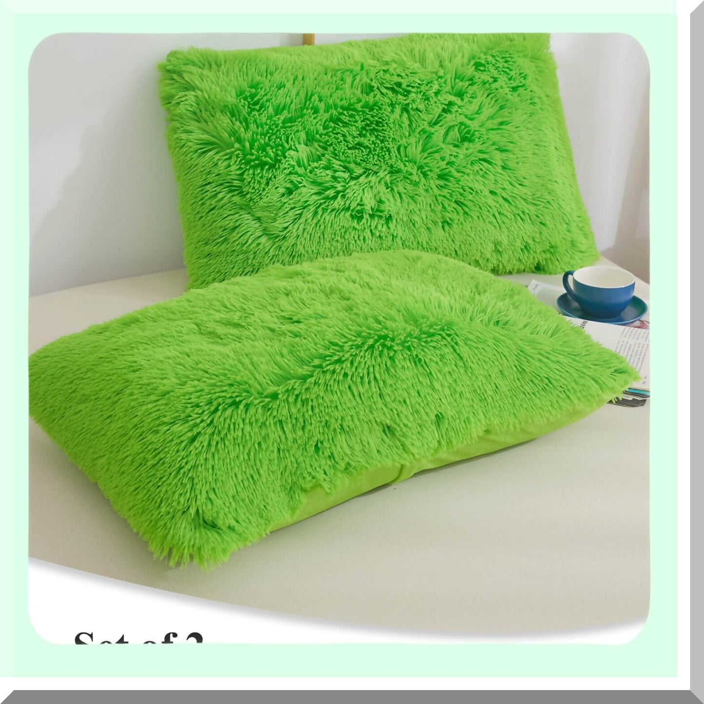 Lime Green Plush Pillowcase Set - Soft Velvet Fuzzy Decorative Throw Covers for Bed Couch - Fluffy Shaggy Furry Zippered Cases - Set of 2 Standard Size