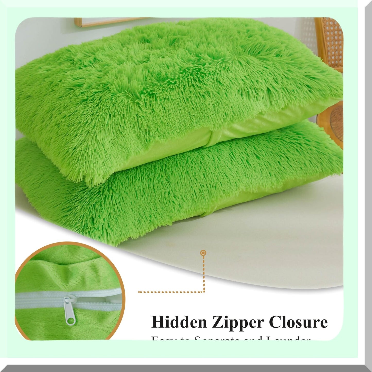 Lime Green Plush Pillowcase Set - Soft Velvet Fuzzy Decorative Throw Covers for Bed Couch - Fluffy Shaggy Furry Zippered Cases - Set of 2 Standard Size