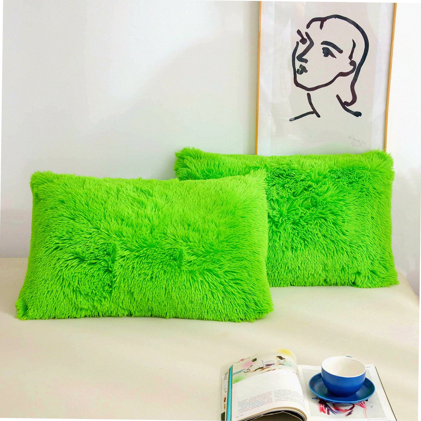 Lime Green Plush Pillowcase Set - Soft Velvet Fuzzy Decorative Throw Covers for Bed Couch - Fluffy Shaggy Furry Zippered Cases - Set of 2 Standard Size