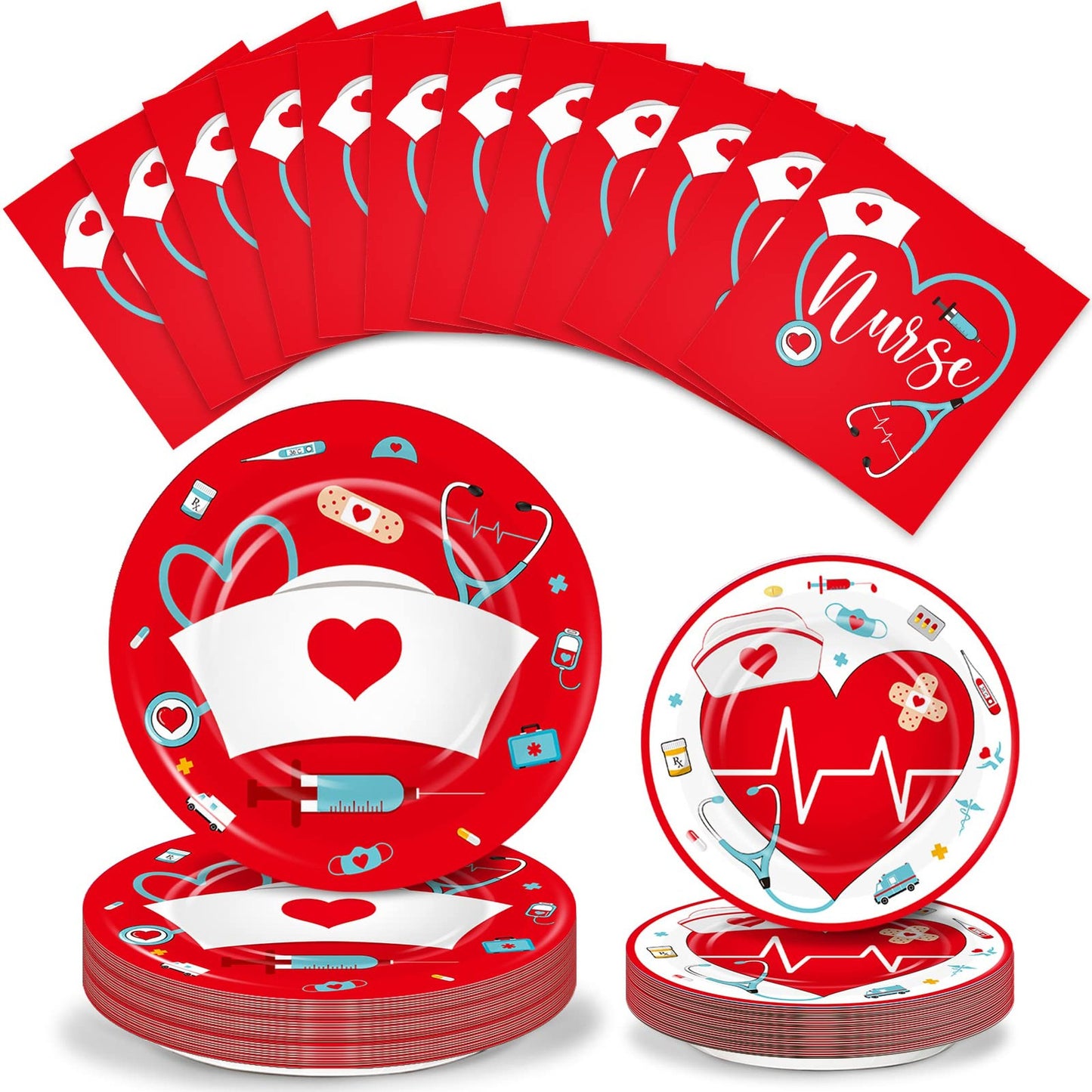 NursePro Party Essentials - 200 Piece Medical Theme Tableware Set for Nurse & Doctor Week Celebrations! Includes Plates, Napkins, & More in Red Color Scheme. Perfect for Nursing School Graduations!