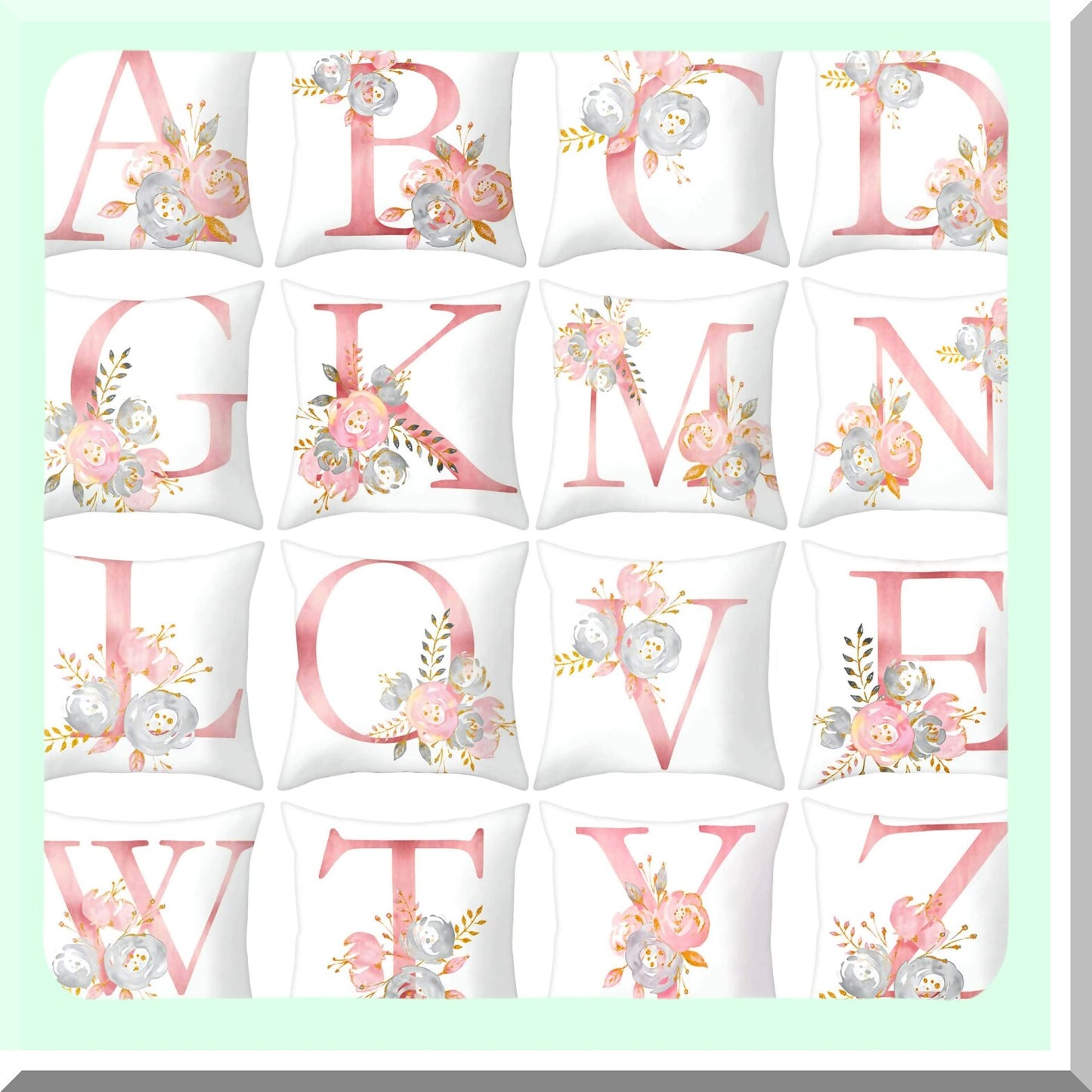 Floral Alphabet Pillow Covers - 18x18 Inch Square Cushion Protectors for Home Decor - Sofa, Couch, Bedroom, Car, Chair - ABC Letter Flowers