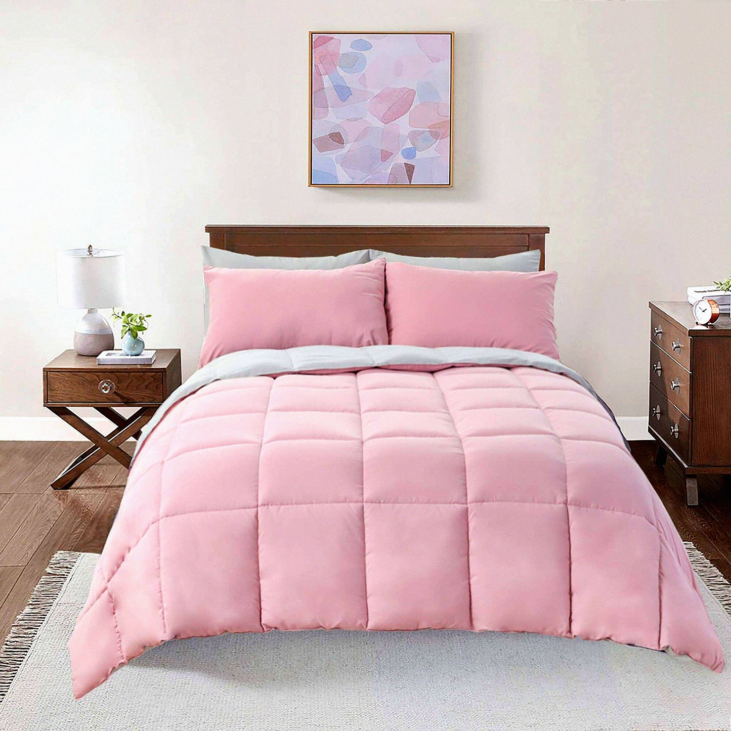 Plush Reversible Comforter - Hypoallergenic Twin XL Duvet Insert - Soft Down-Alternative Bedding Set - Blush Pink & Gray Reversible Comforter