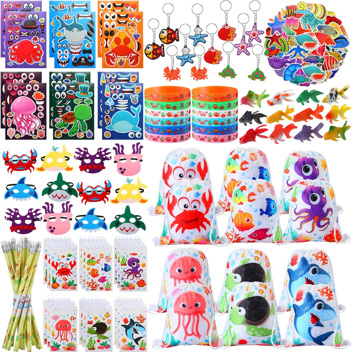 Ocean Adventure Party Pack - 146 Piece Underwater Theme Goodie Bag Set with Drawstring Backpack, Silicone Bracelets, Notebook, Sticker, Keychain, and Pencil. Perfect Birthday Gift for Boys and Girls!