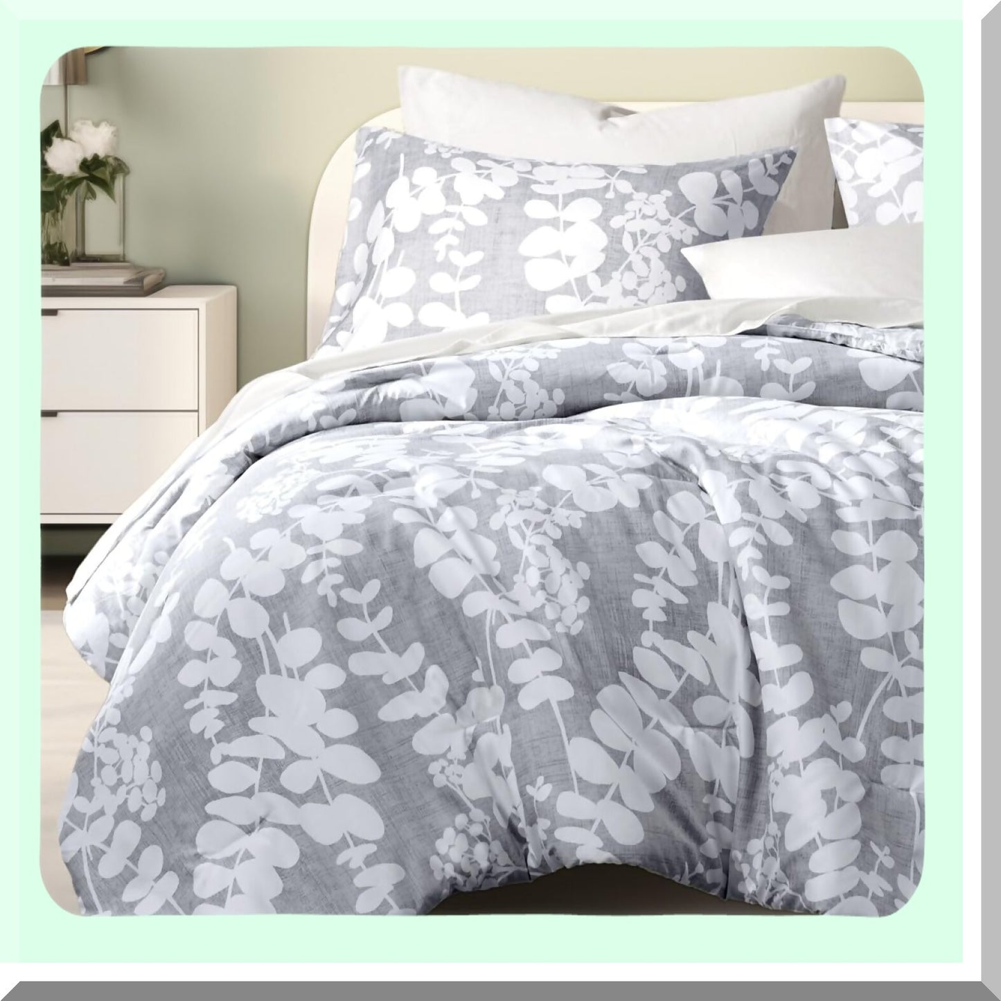Floral Leaf Reversible Comforter Set - Queen Size Botanical Bedding, Nature Style 3 Piece Set for Spring and Summer, Gray Unique Design