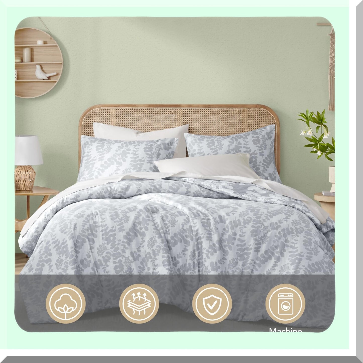 Floral Leaf Reversible Comforter Set - Queen Size Botanical Bedding, Nature Style 3 Piece Set for Spring and Summer, Gray Unique Design