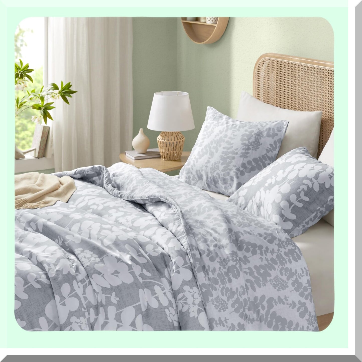 Floral Leaf Reversible Comforter Set - Queen Size Botanical Bedding, Nature Style 3 Piece Set for Spring and Summer, Gray Unique Design